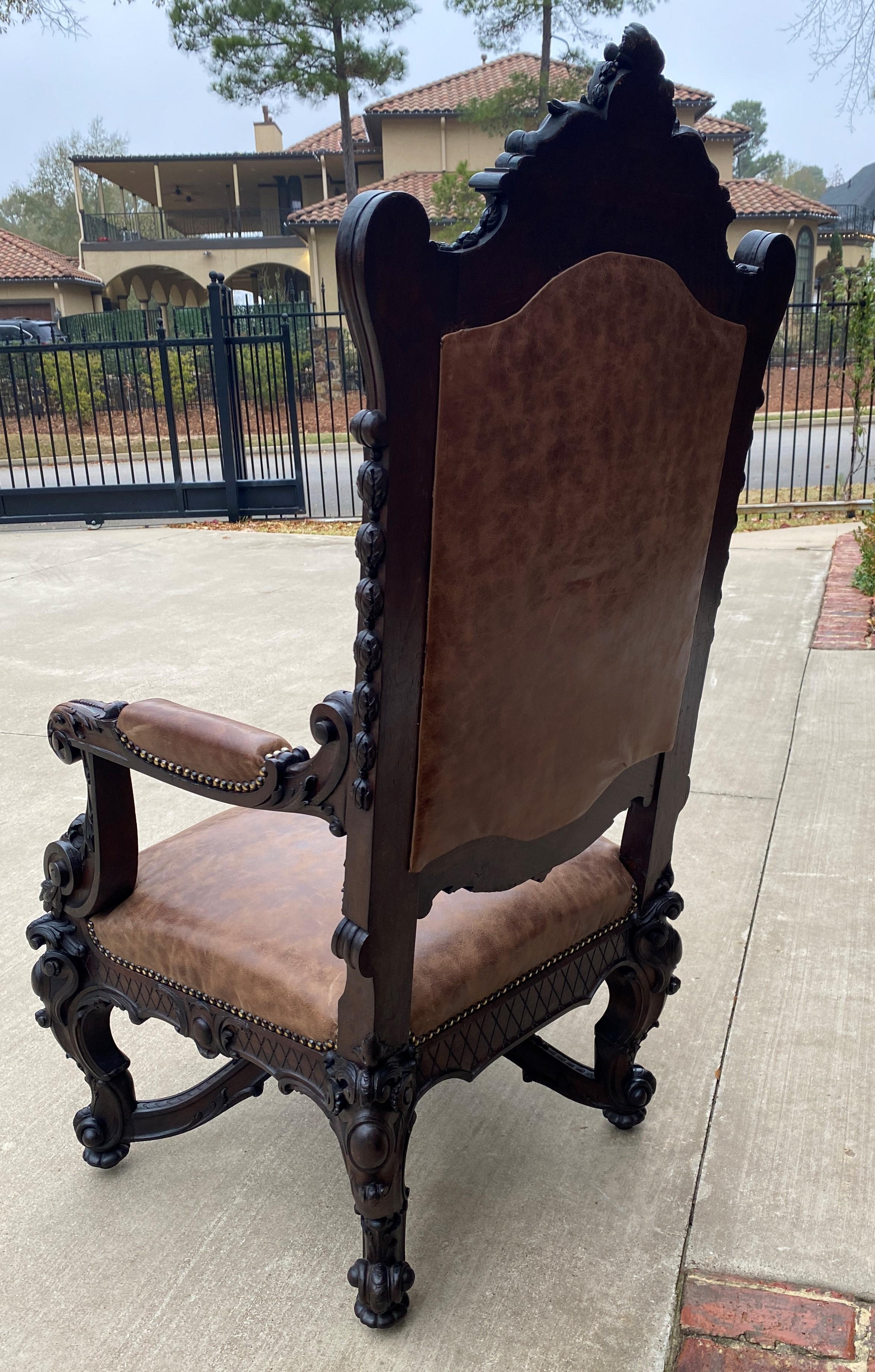 Antique French Chair Leather Cowhide Baroque Carved Oak Fireside Throne c. 1900 6