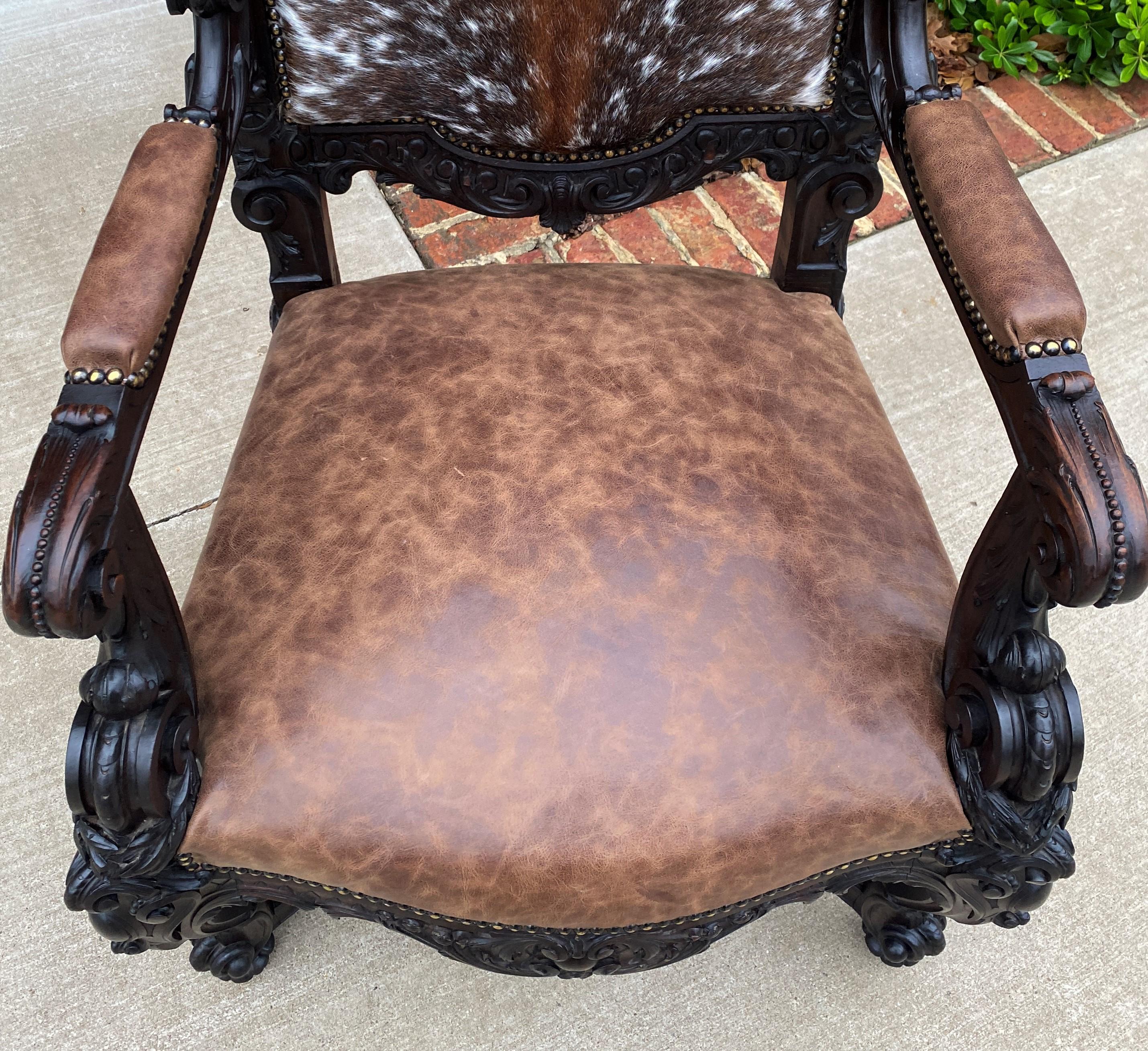 Antique French Chair Leather Cowhide Baroque Carved Oak Fireside Throne c. 1900 7