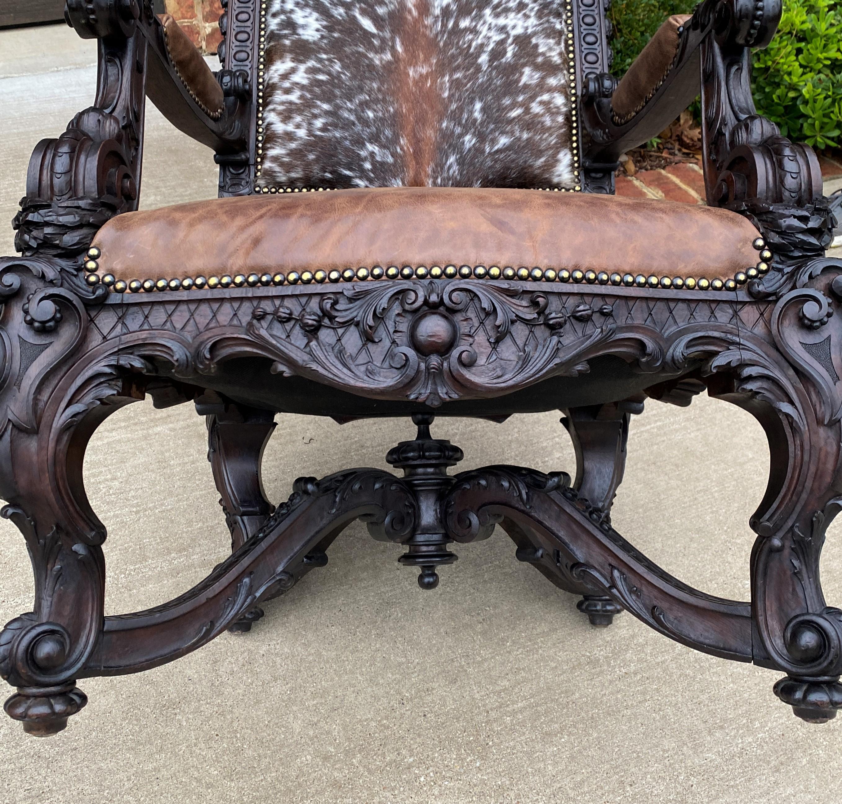 Antique French Chair Leather Cowhide Baroque Carved Oak Fireside Throne c. 1900 8
