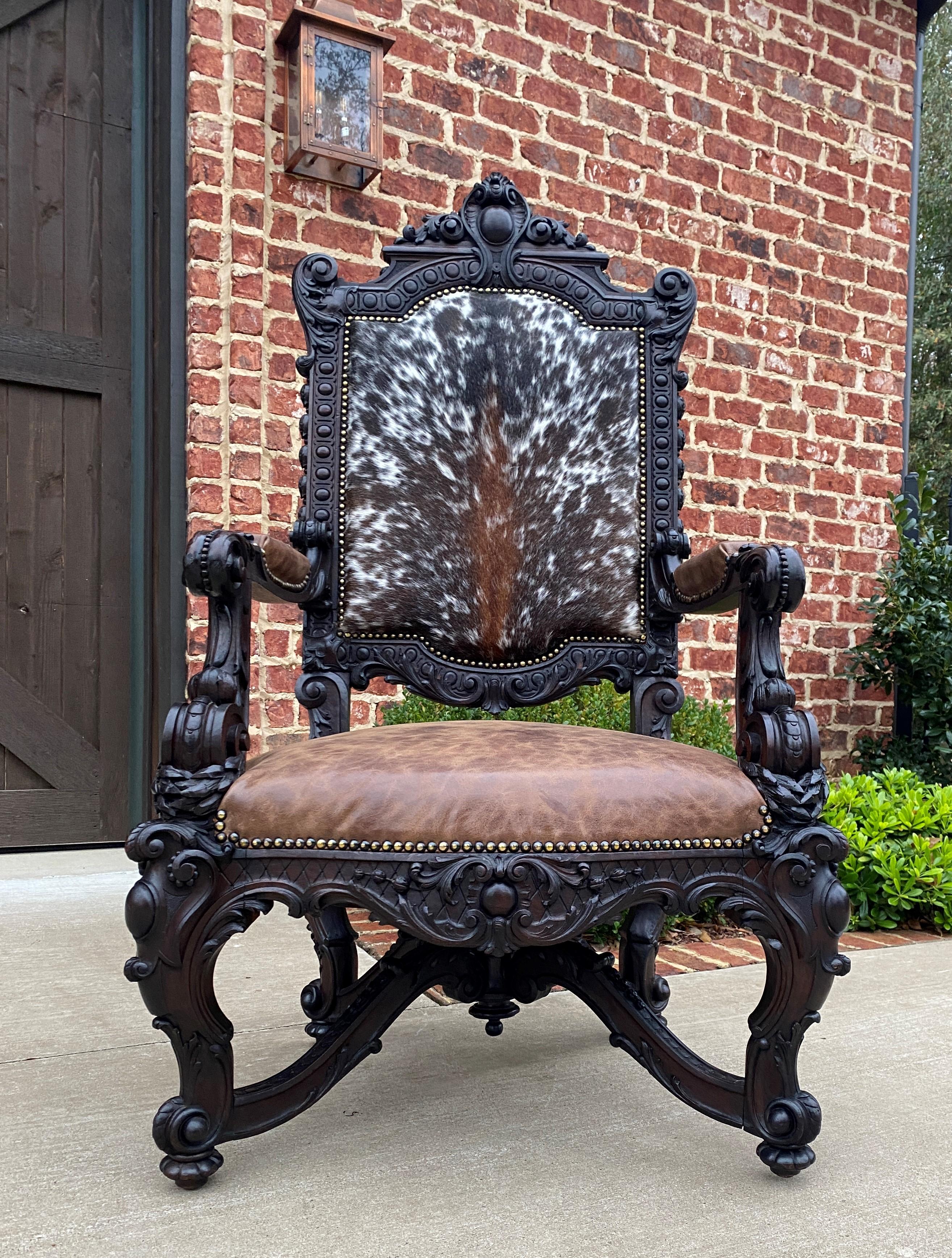 Antique French Chair Leather Cowhide Baroque Carved Oak Fireside Throne c. 1900 10