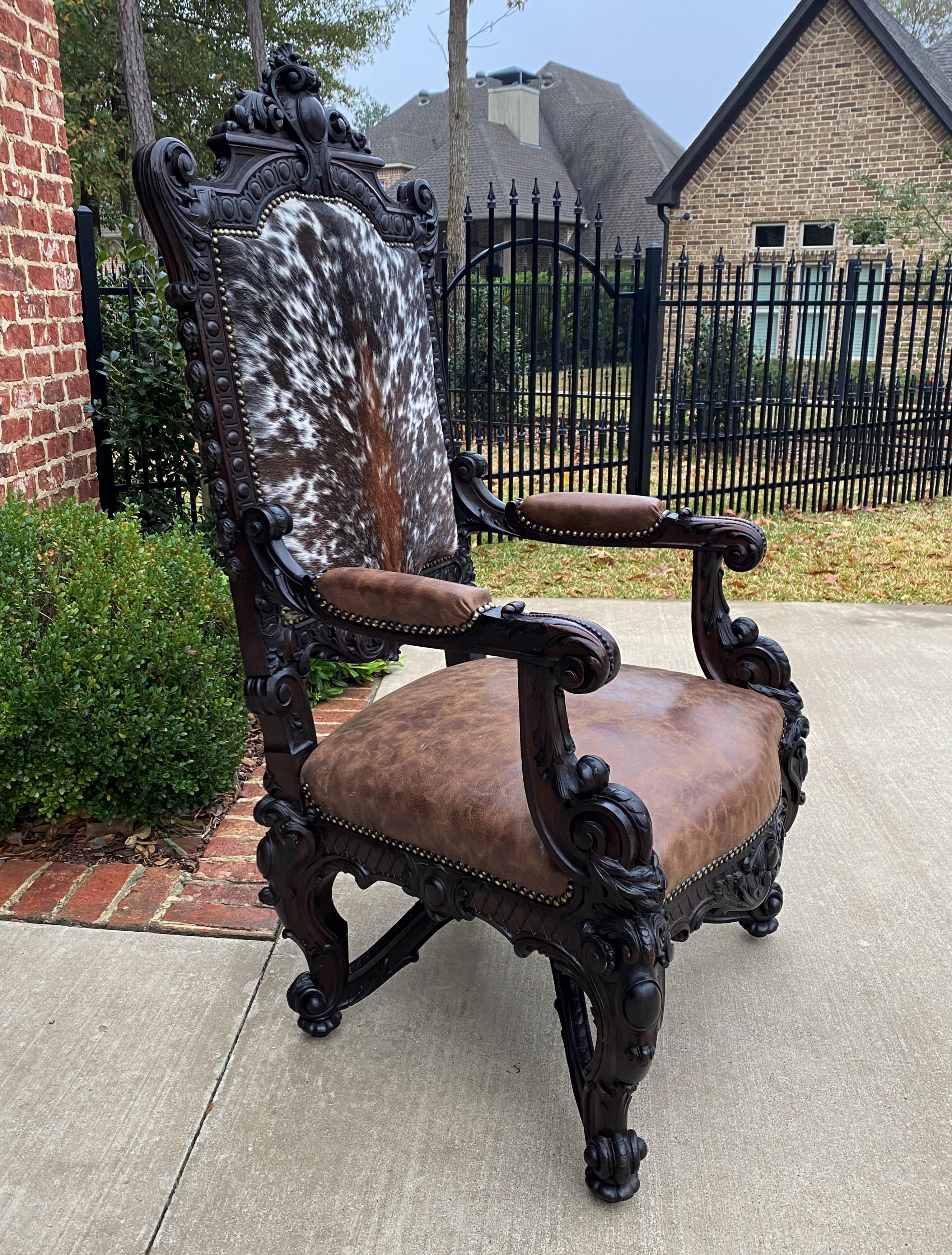 Renaissance Revival Antique French Chair Leather Cowhide Baroque Carved Oak Fireside Throne c. 1900