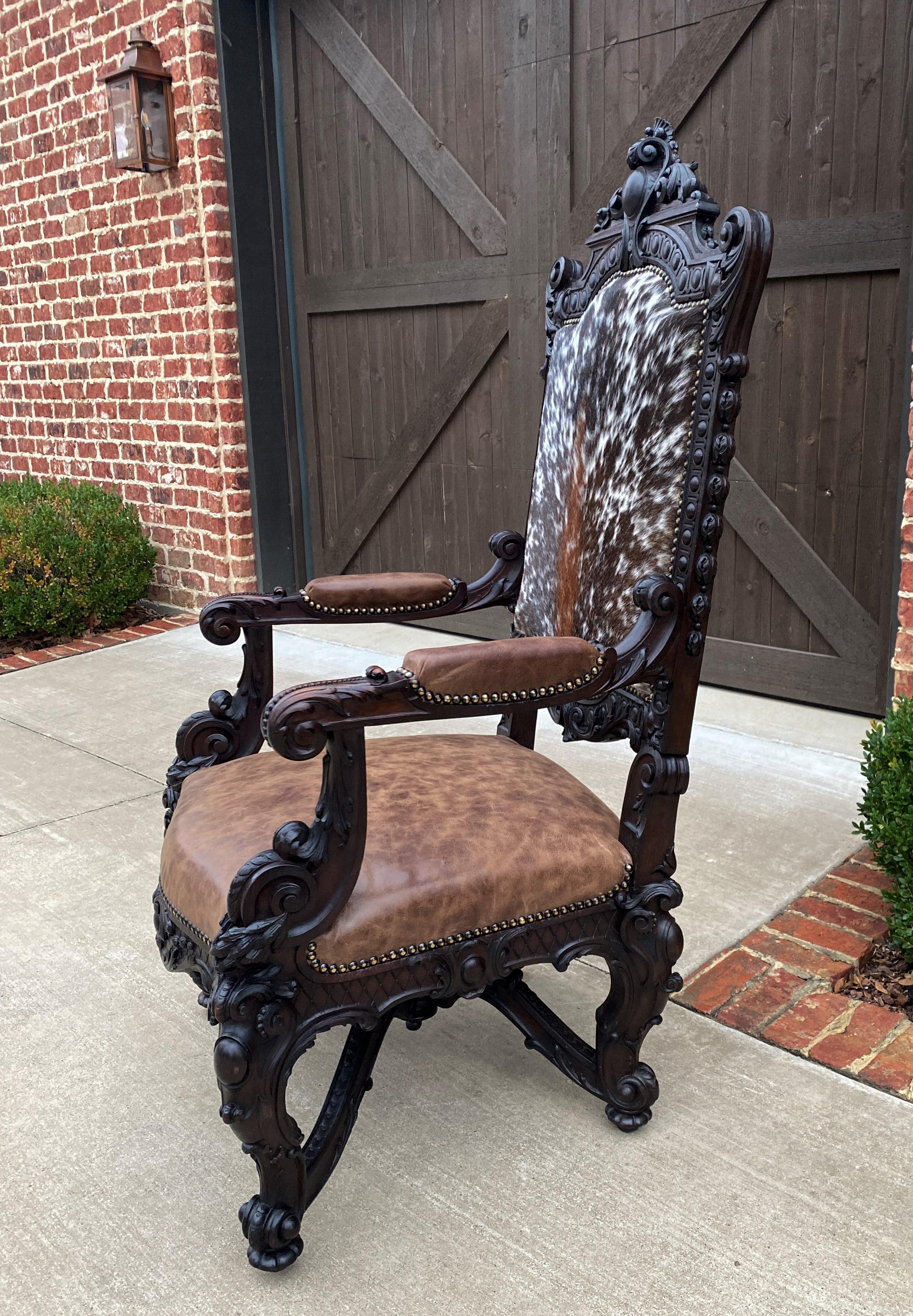Late 19th Century Antique French Chair Leather Cowhide Baroque Carved Oak Fireside Throne c. 1900