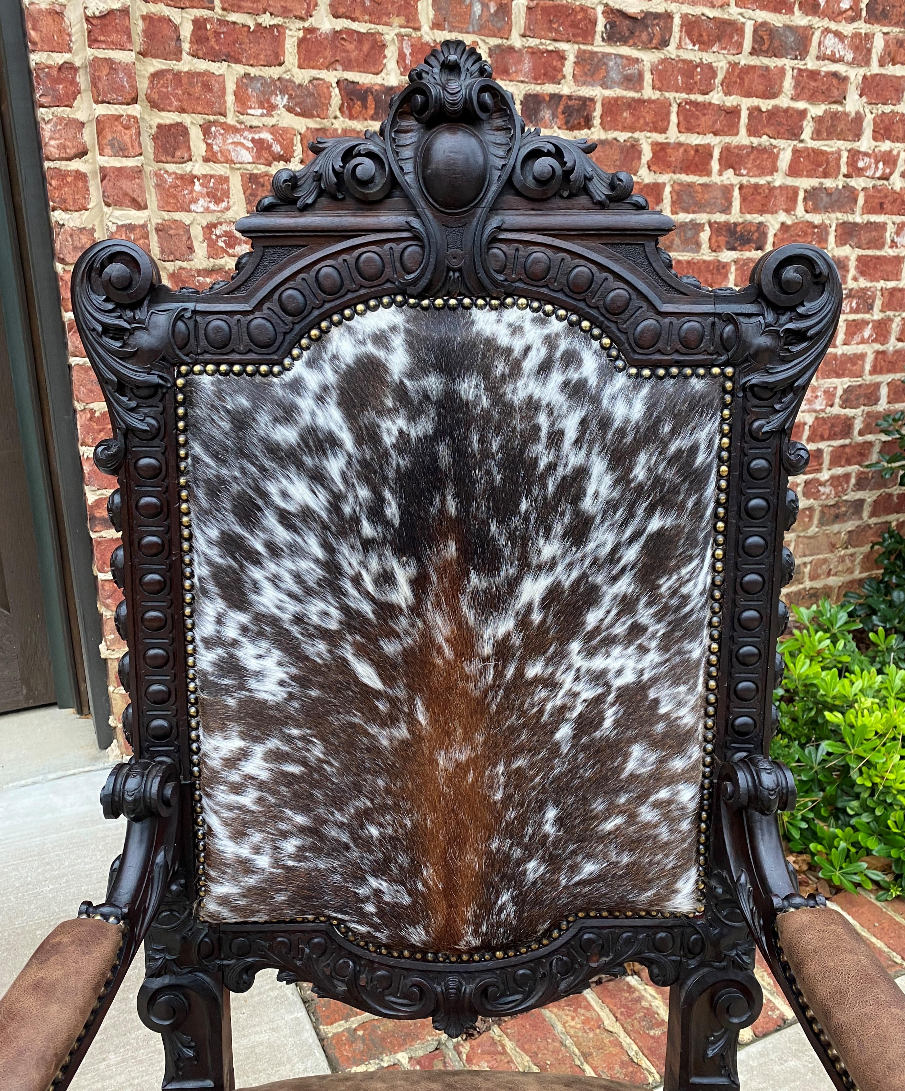 Antique French Chair Leather Cowhide Baroque Carved Oak Fireside Throne c. 1900 1