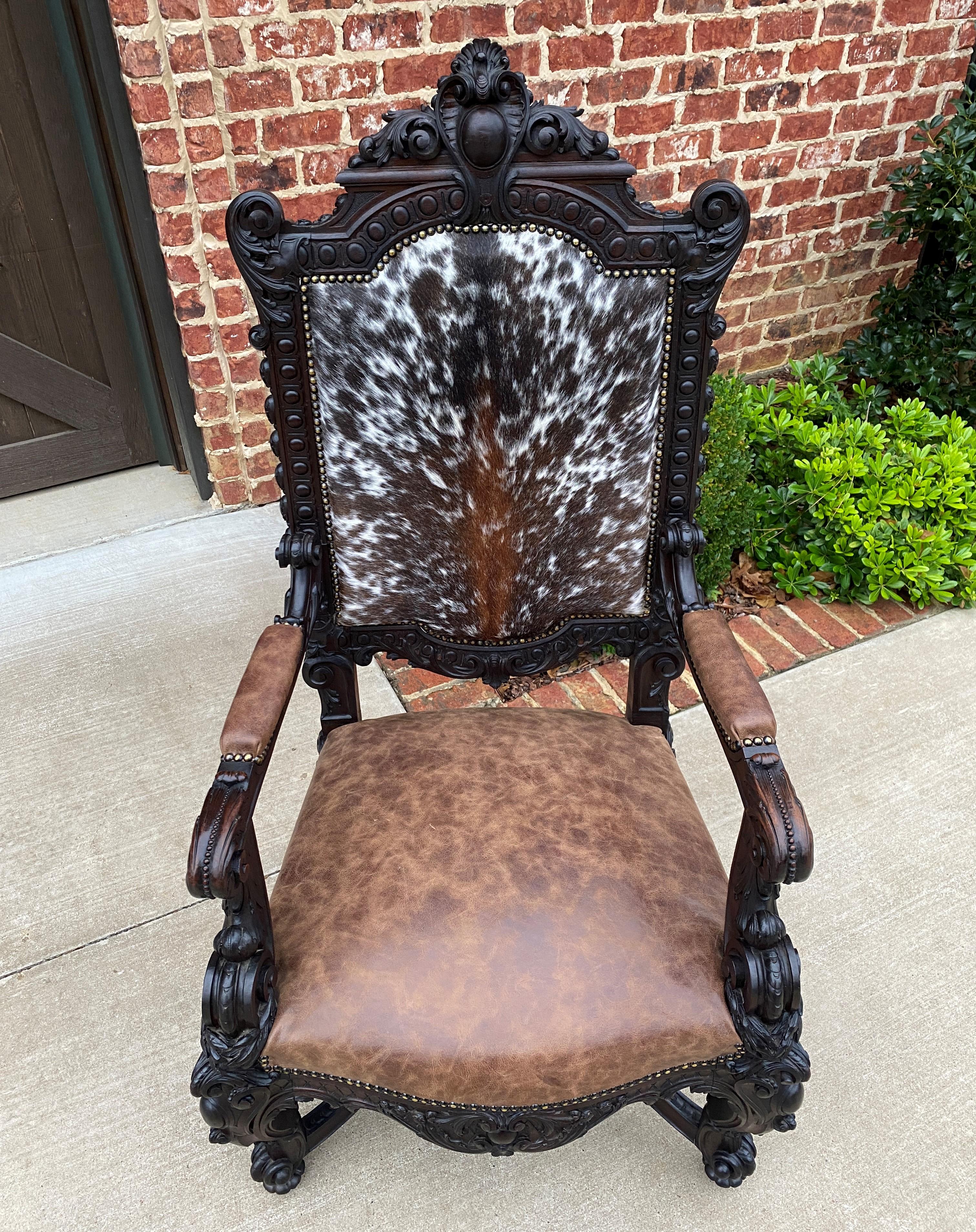 Antique French Chair Leather Cowhide Baroque Carved Oak Fireside Throne c. 1900 2