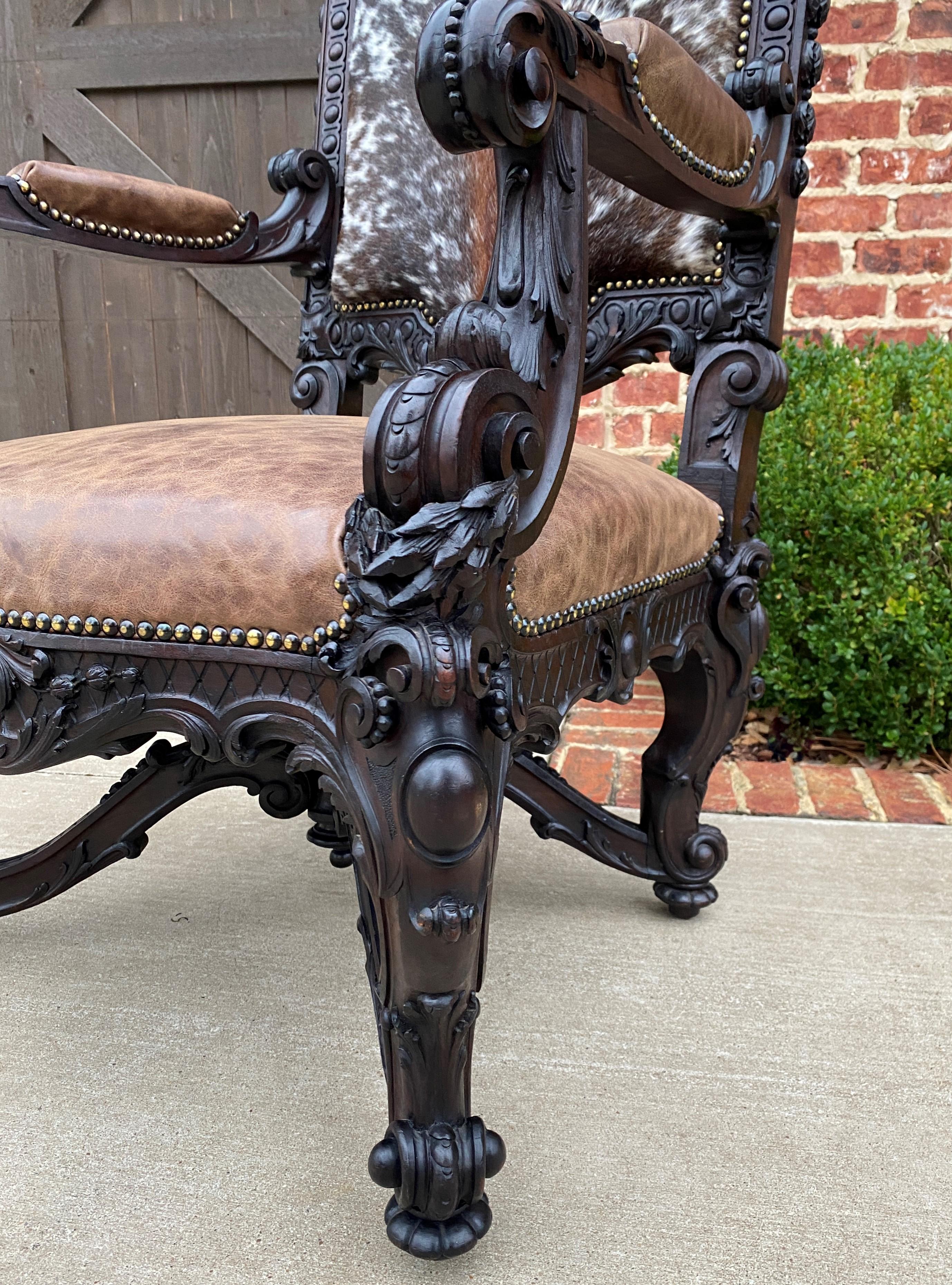 Antique French Chair Leather Cowhide Baroque Carved Oak Fireside Throne c. 1900 3