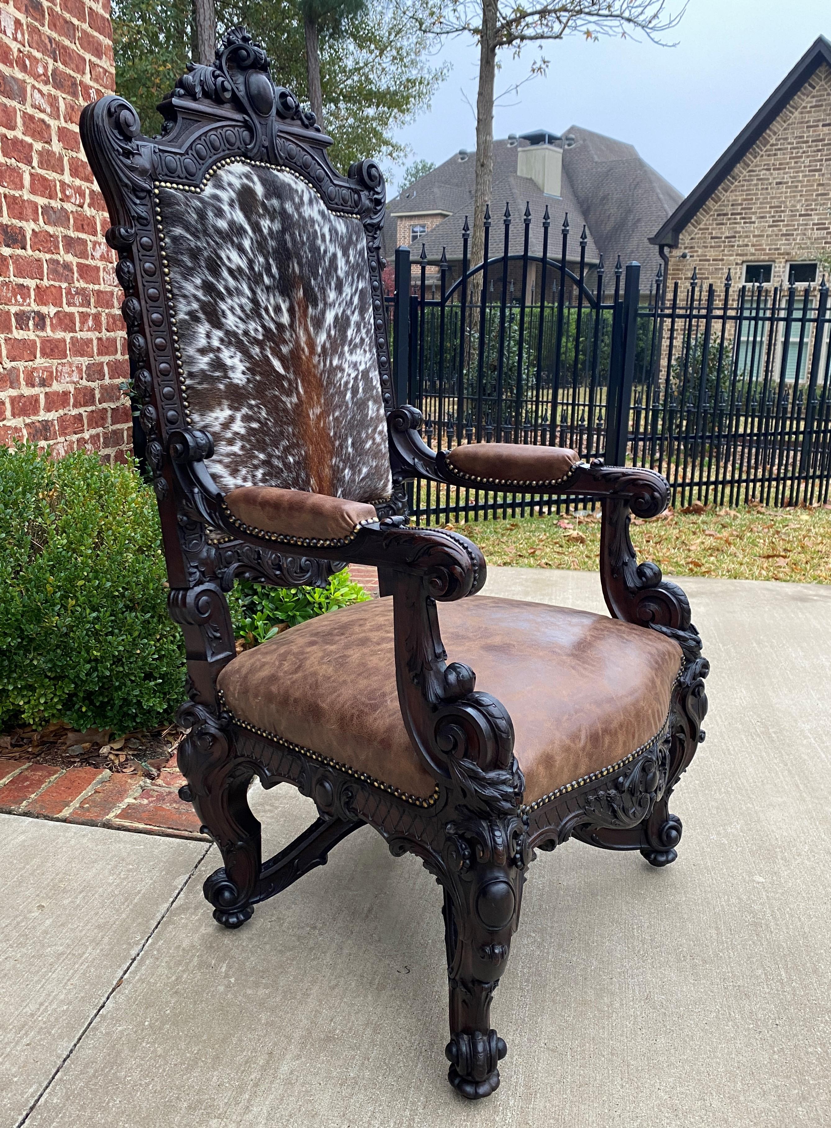 Antique French Chair Leather Cowhide Baroque Carved Oak Fireside Throne c. 1900 4