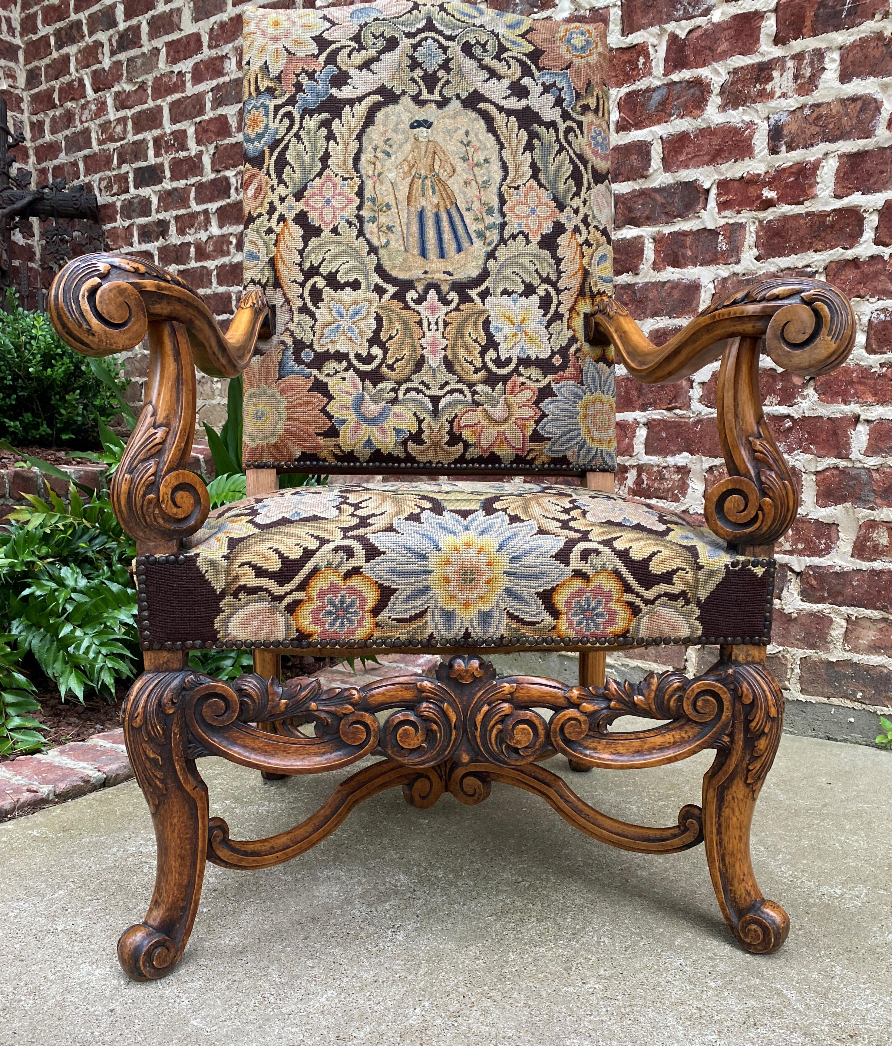 Antique French Chair Tapestry Needlepoint Floral Carved Walnut Fireside Throne 5