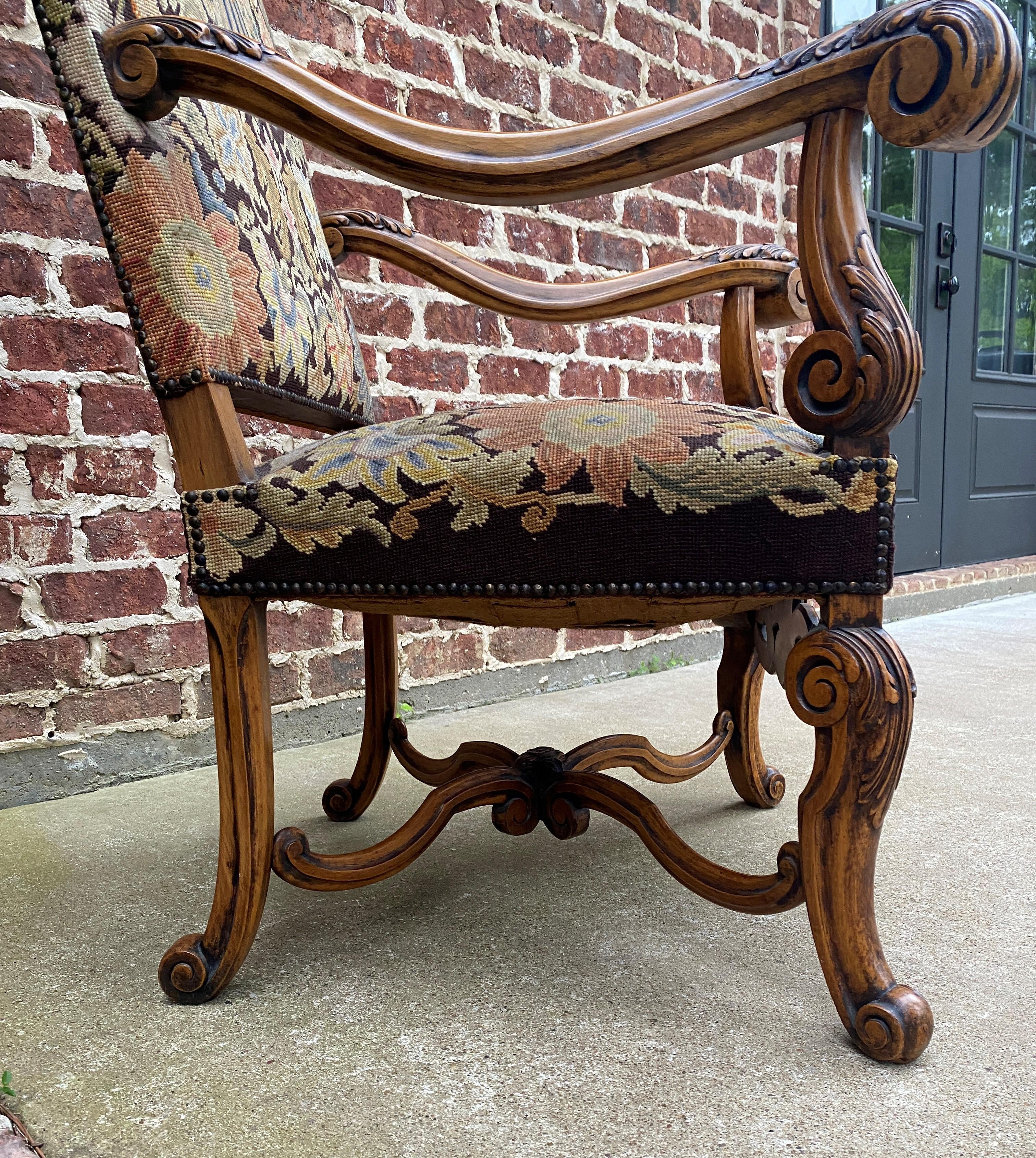 Antique French Chair Tapestry Needlepoint Floral Carved Walnut Fireside Throne 6