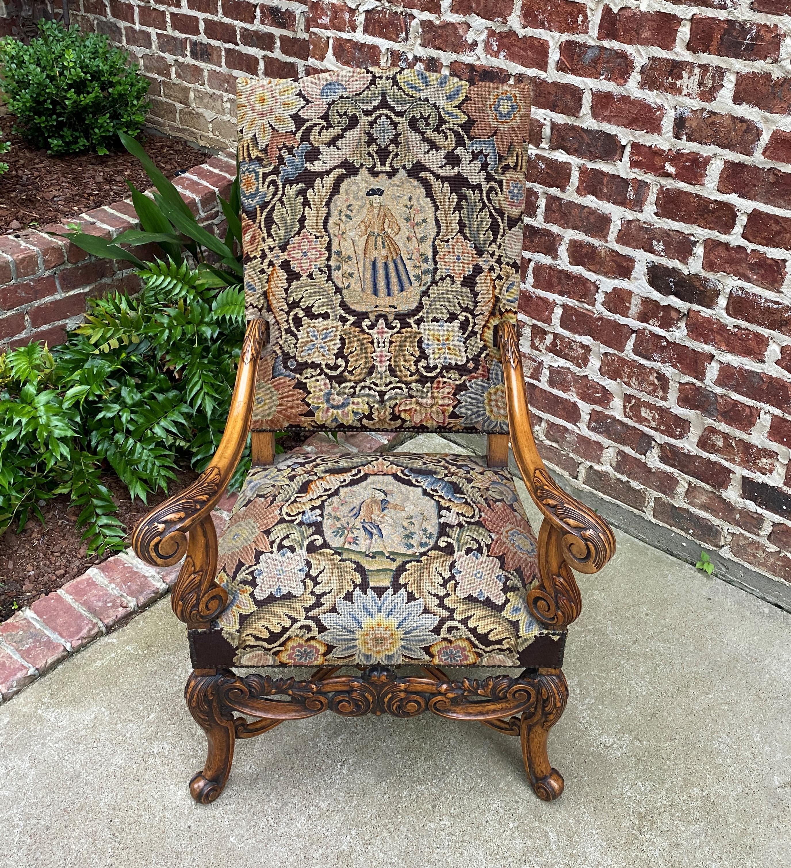Antique French Chair Tapestry Needlepoint Floral Carved Walnut Fireside Throne 7