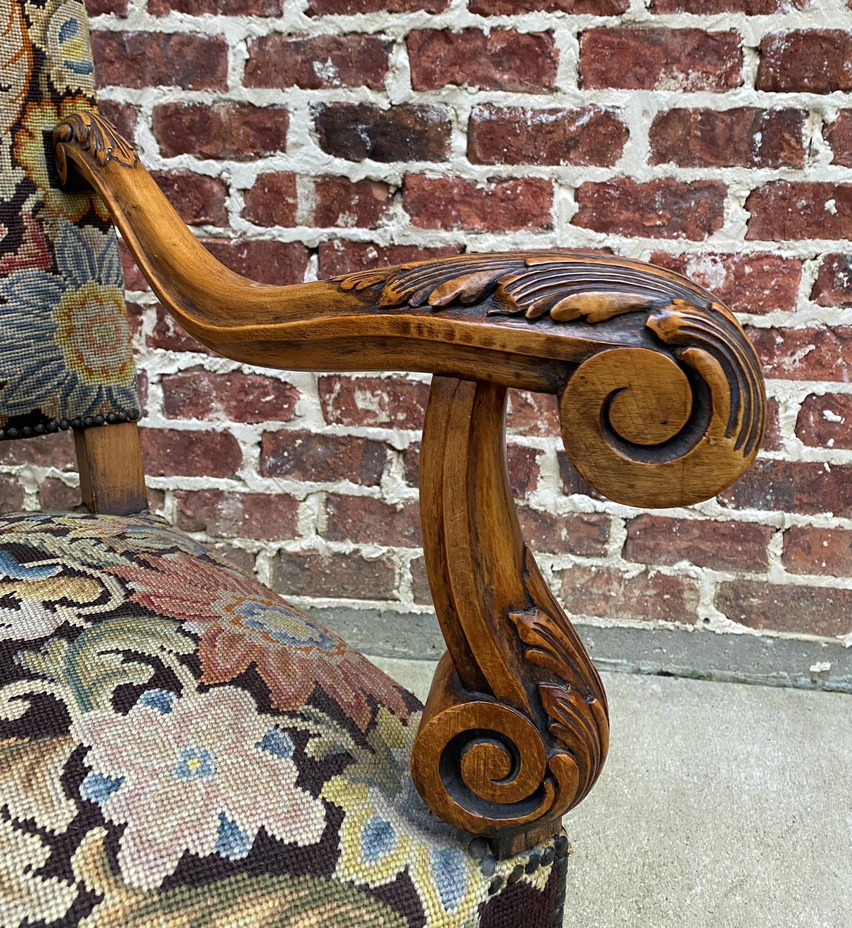 Antique French Chair Tapestry Needlepoint Floral Carved Walnut Fireside Throne 8