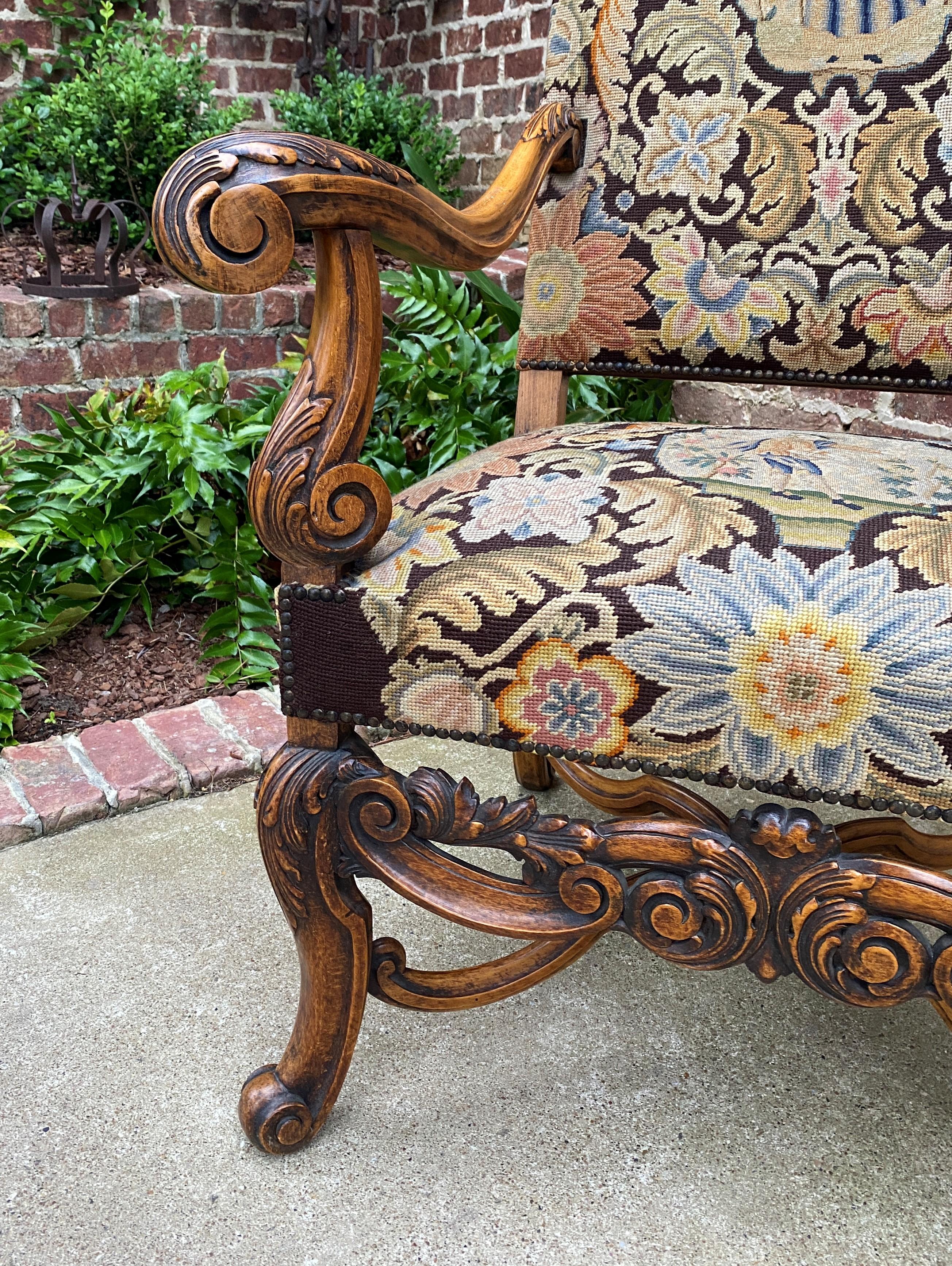 Antique French Chair Tapestry Needlepoint Floral Carved Walnut Fireside Throne 9