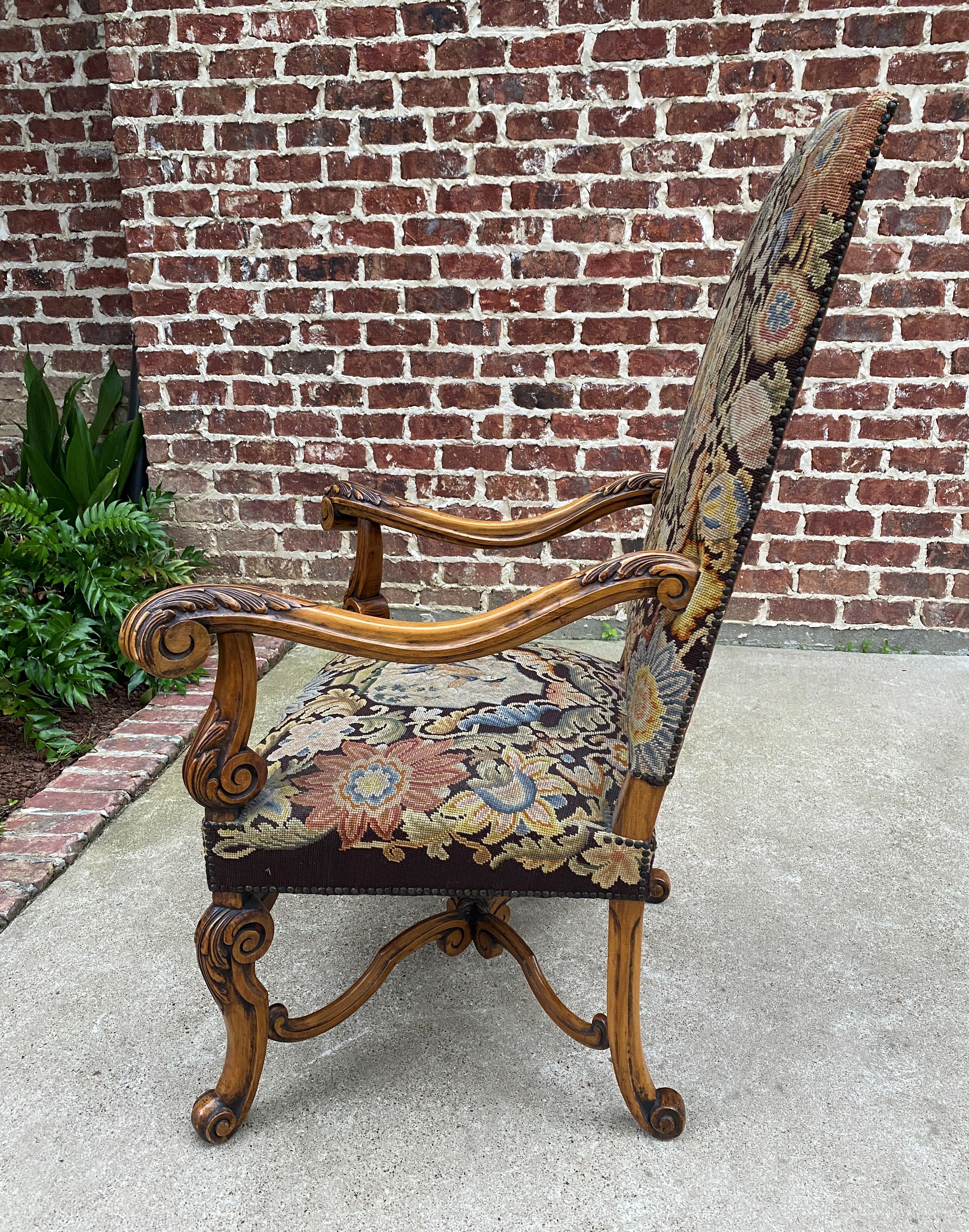 Antique French Chair Tapestry Needlepoint Floral Carved Walnut Fireside Throne 10