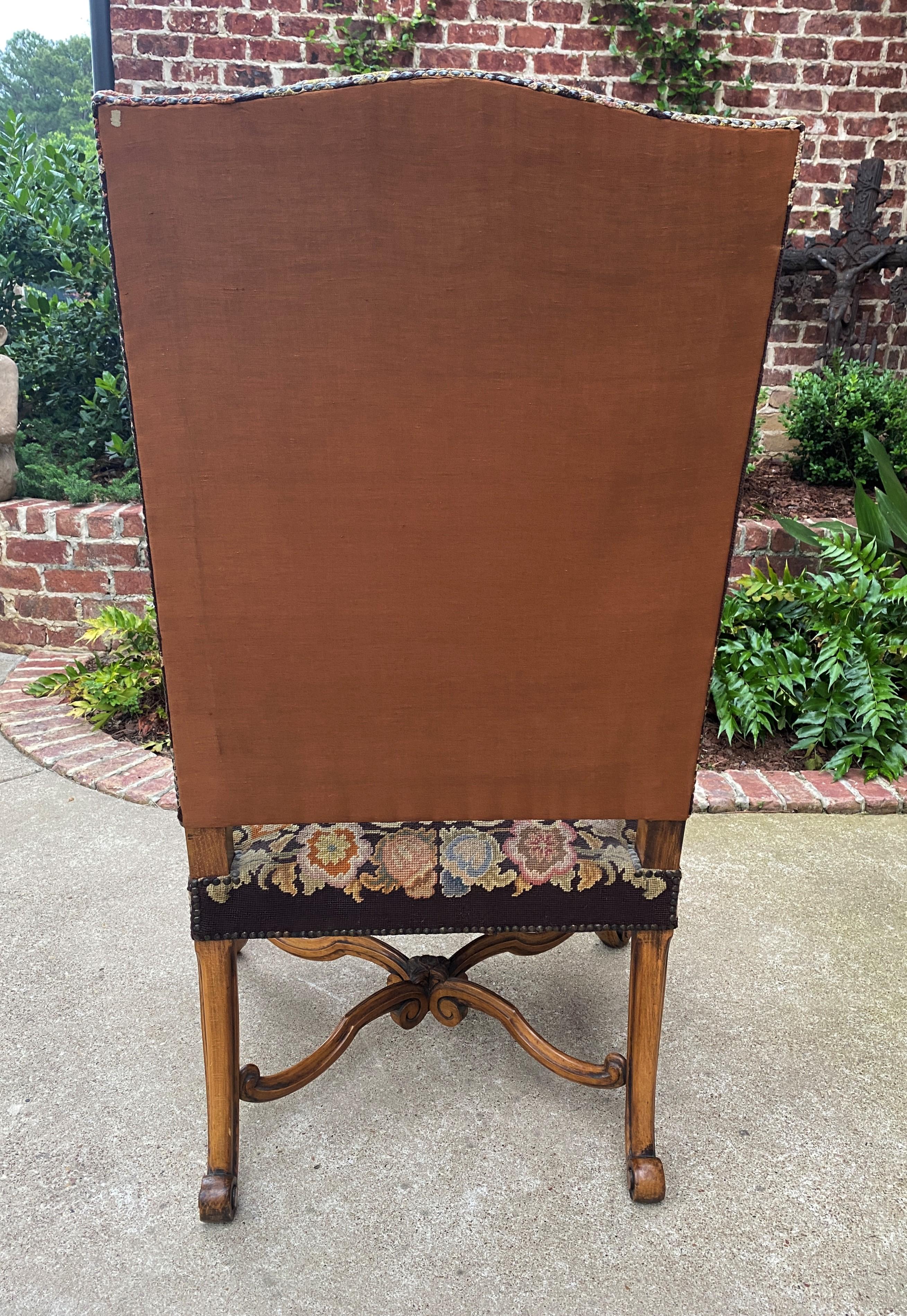 Antique French Chair Tapestry Needlepoint Floral Carved Walnut Fireside Throne 11