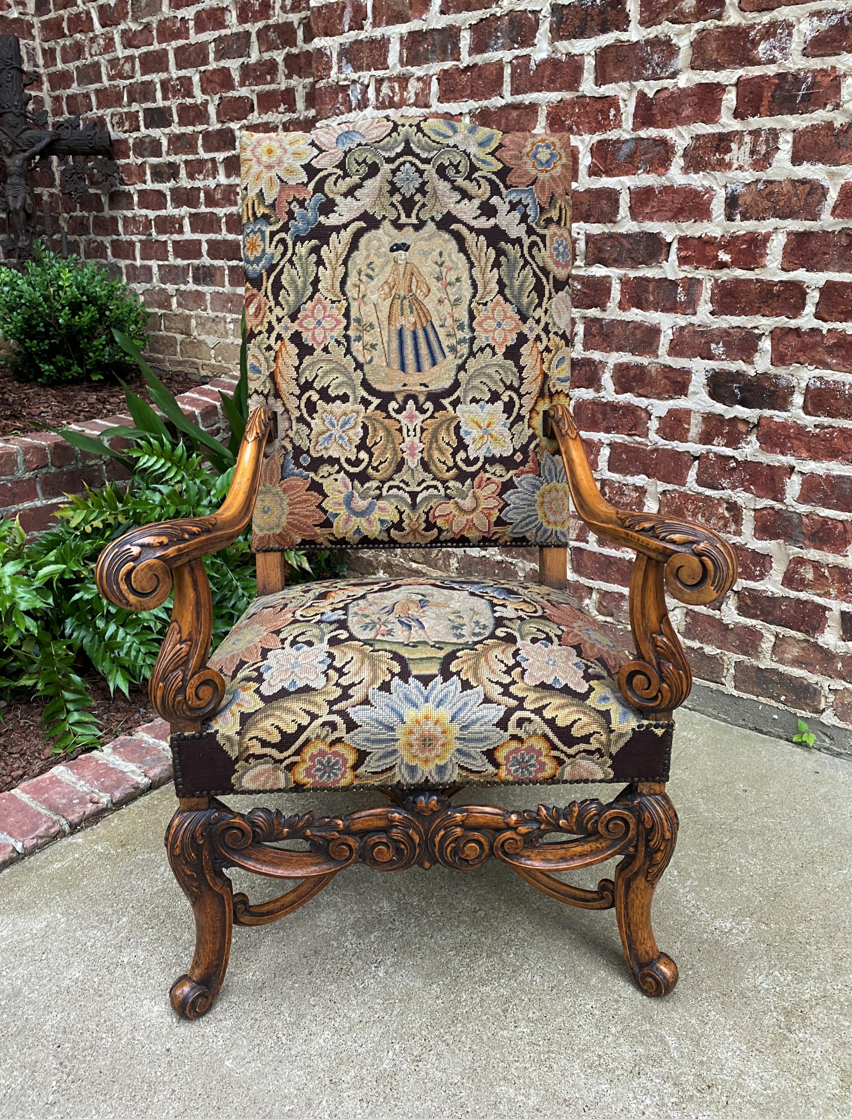 STUNNING Antique French Carved Walnut Upholstered Needlepoint Tapestry 