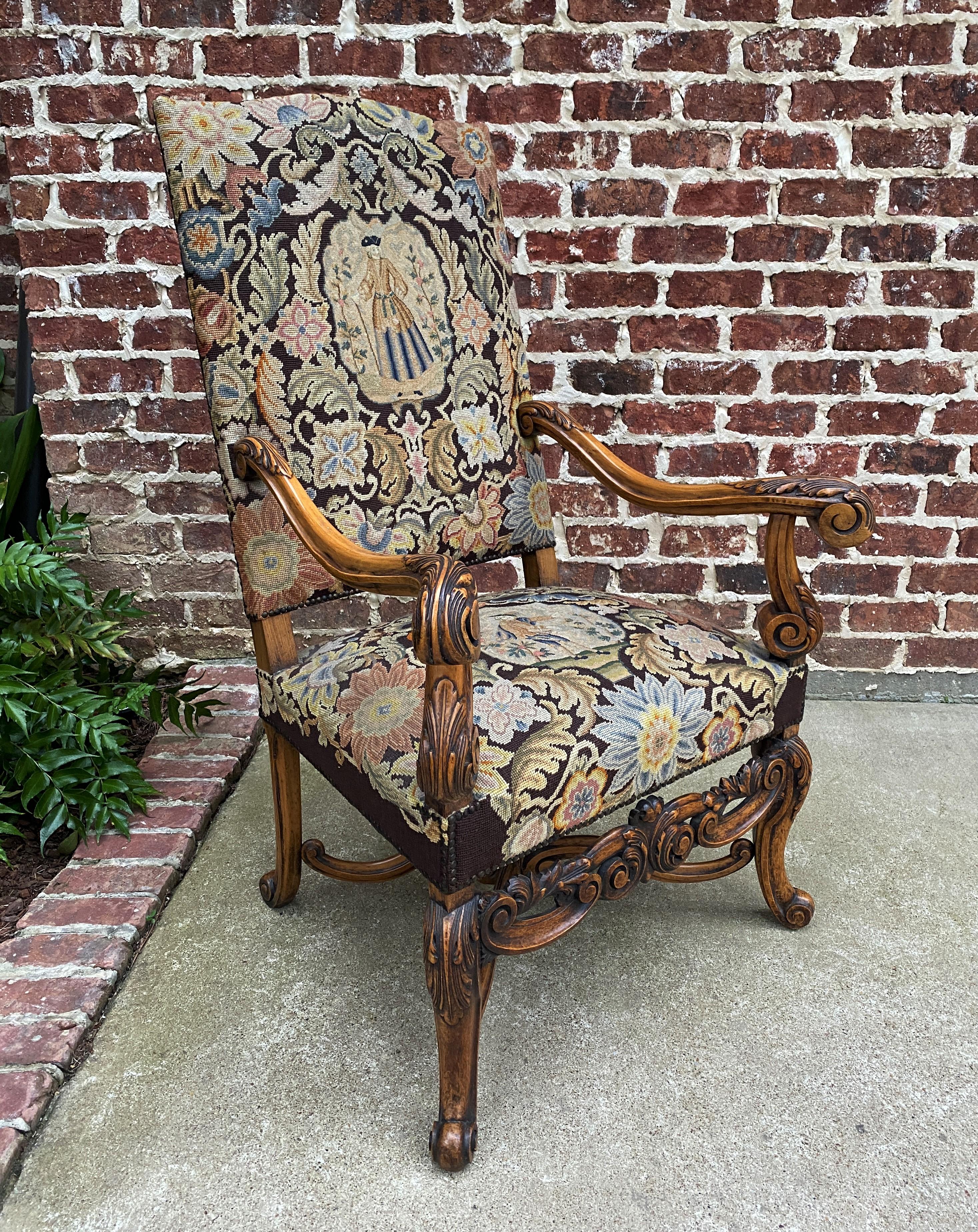 Renaissance Revival Antique French Chair Tapestry Needlepoint Floral Carved Walnut Fireside Throne