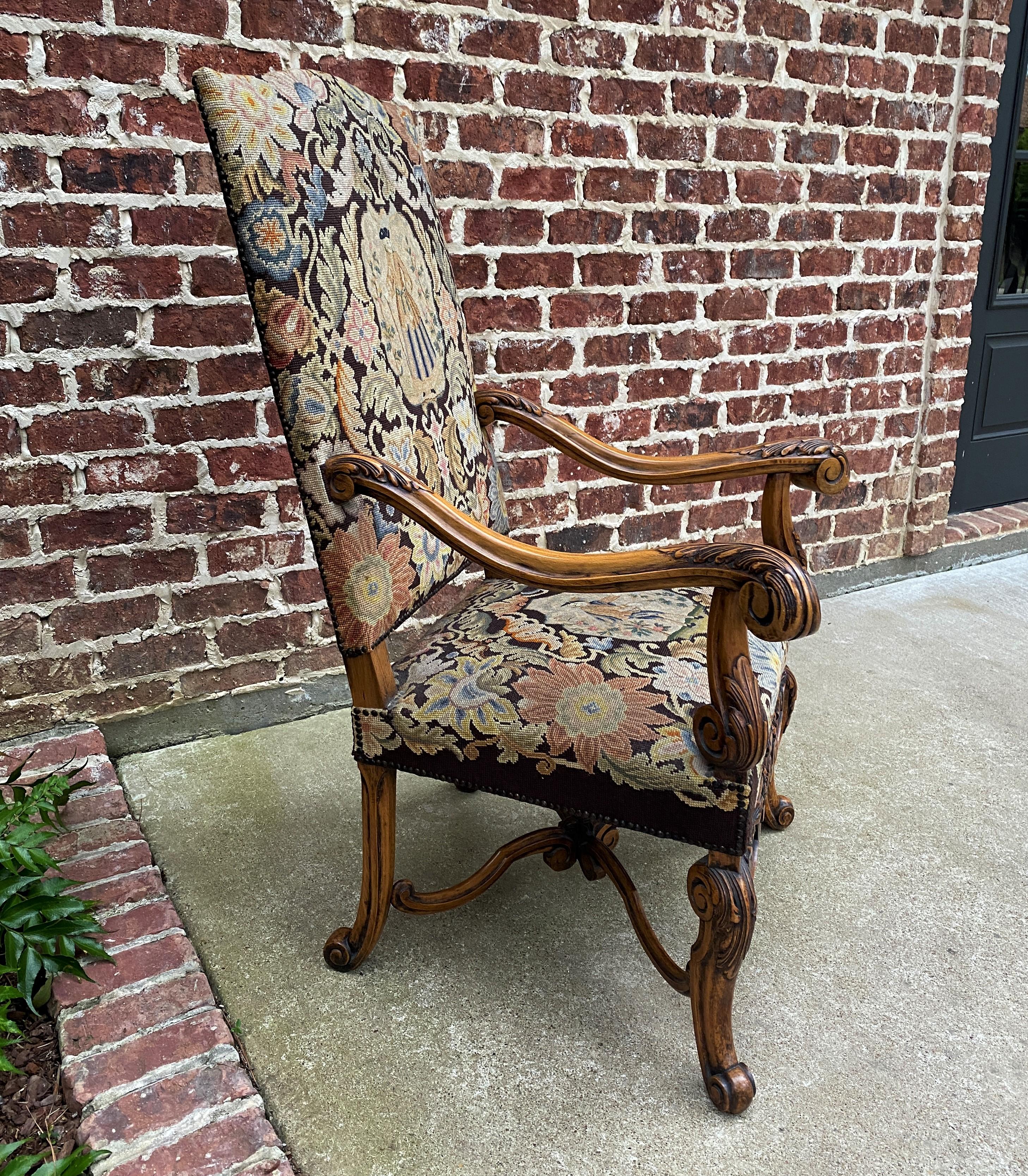 Antique French Chair Tapestry Needlepoint Floral Carved Walnut Fireside Throne In Good Condition In Tyler, TX