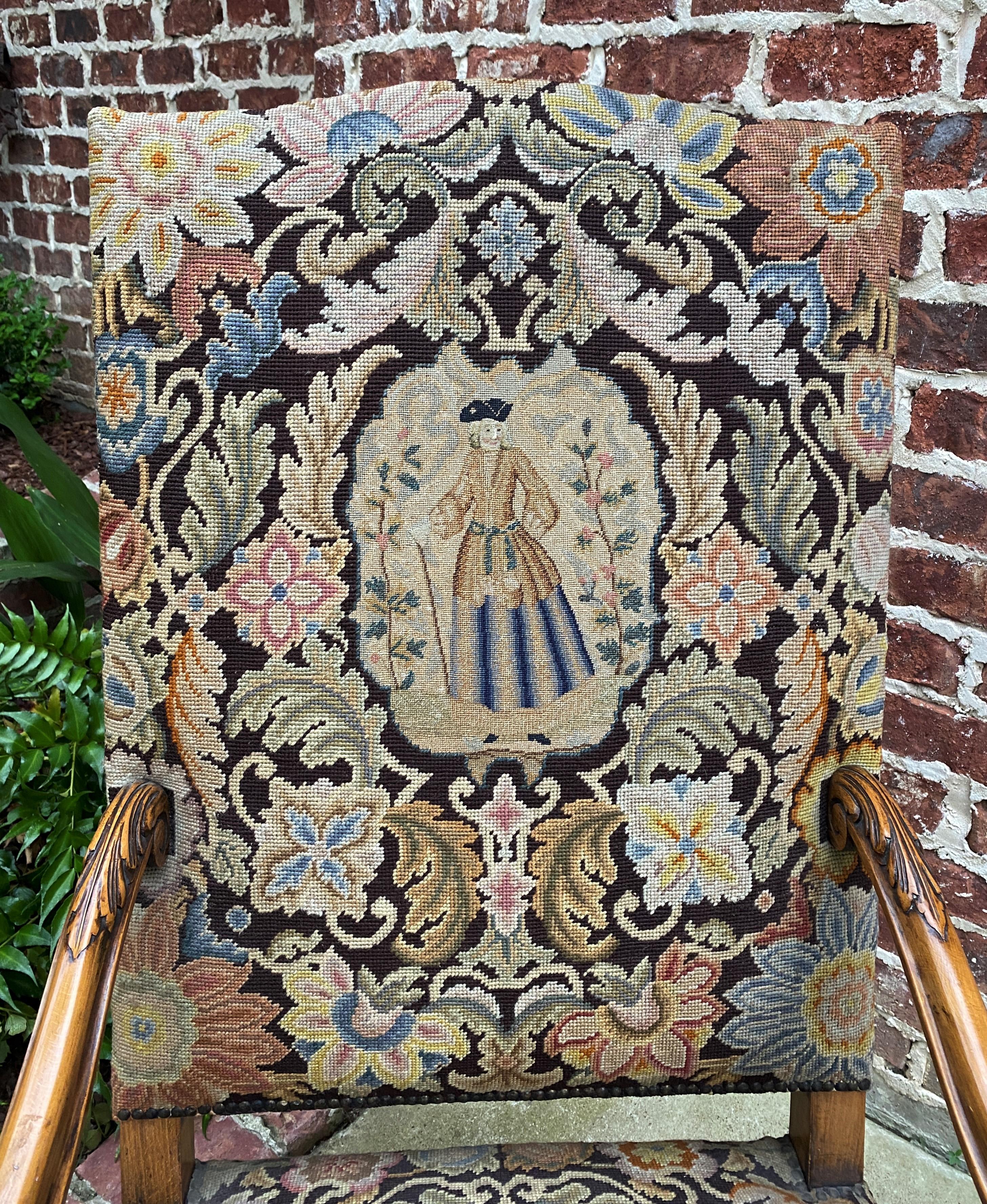 19th Century Antique French Chair Tapestry Needlepoint Floral Carved Walnut Fireside Throne