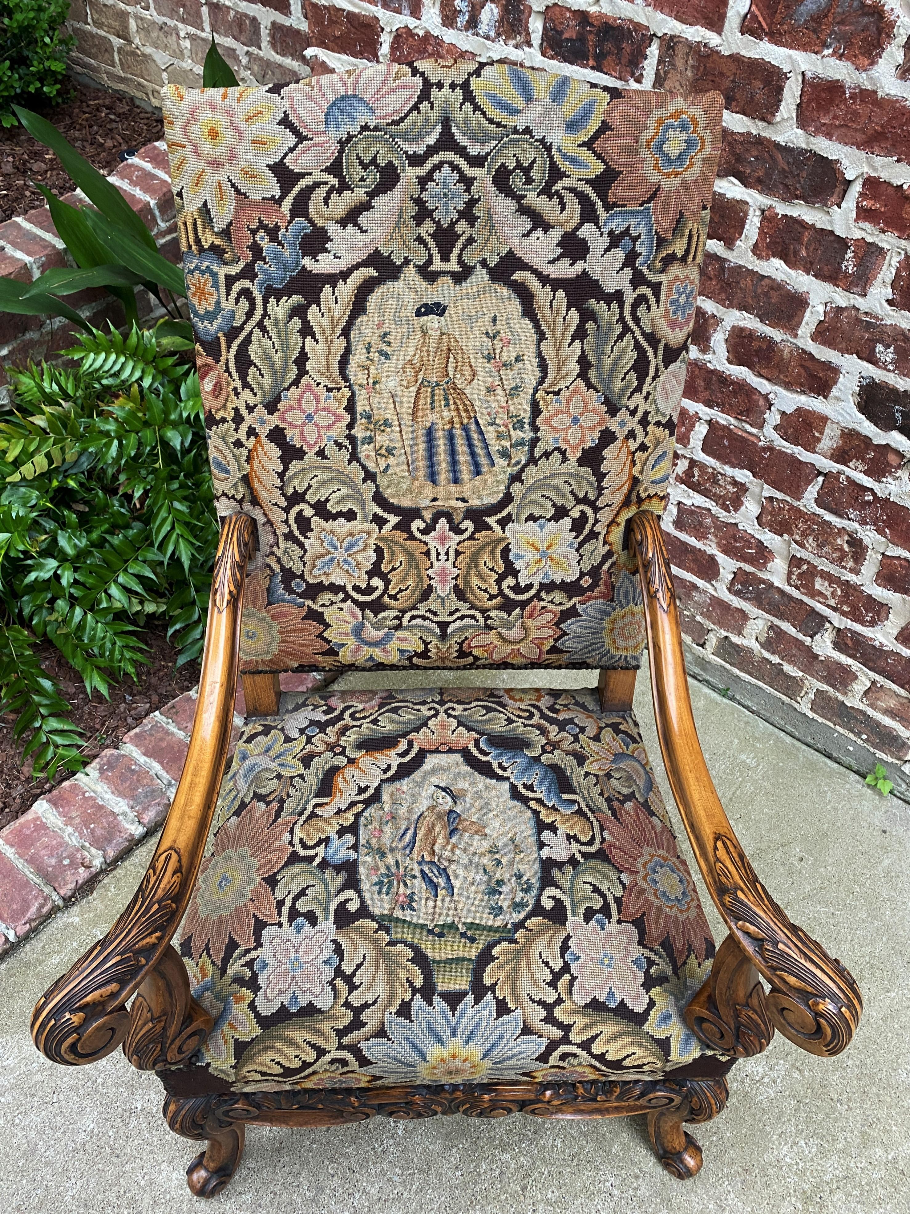 Antique French Chair Tapestry Needlepoint Floral Carved Walnut Fireside Throne 1