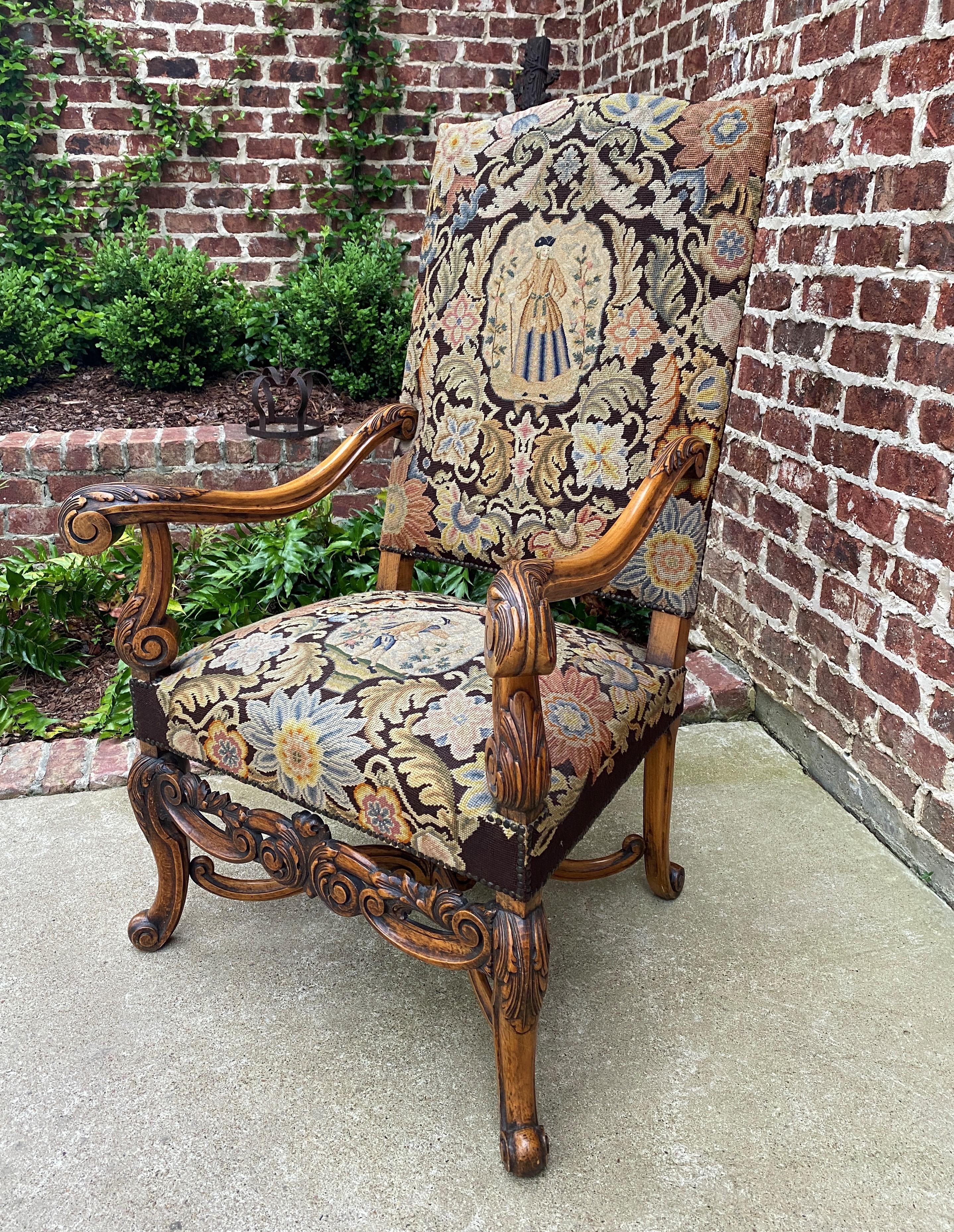 Antique French Chair Tapestry Needlepoint Floral Carved Walnut Fireside Throne 2