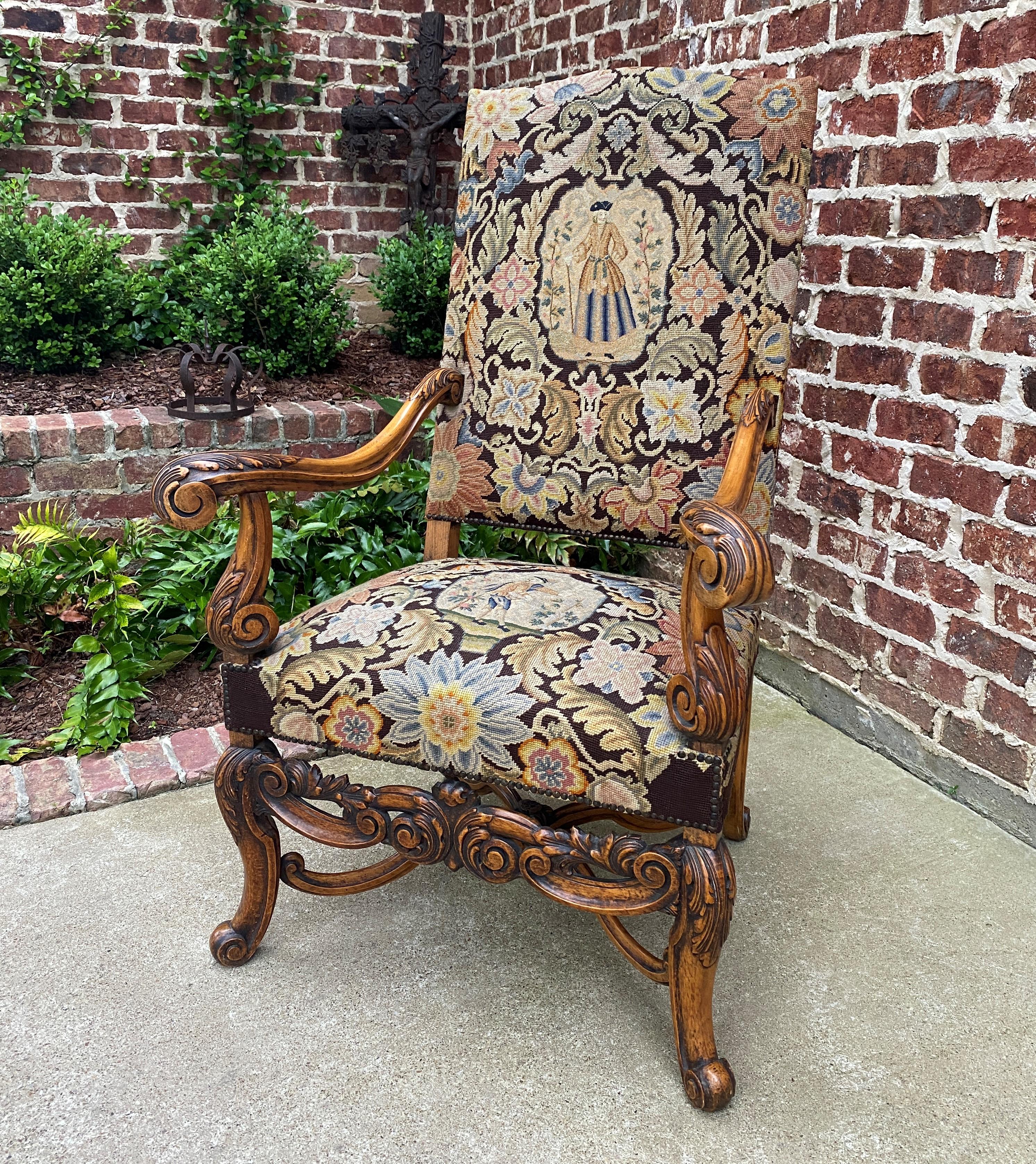 Antique French Chair Tapestry Needlepoint Floral Carved Walnut Fireside Throne 3