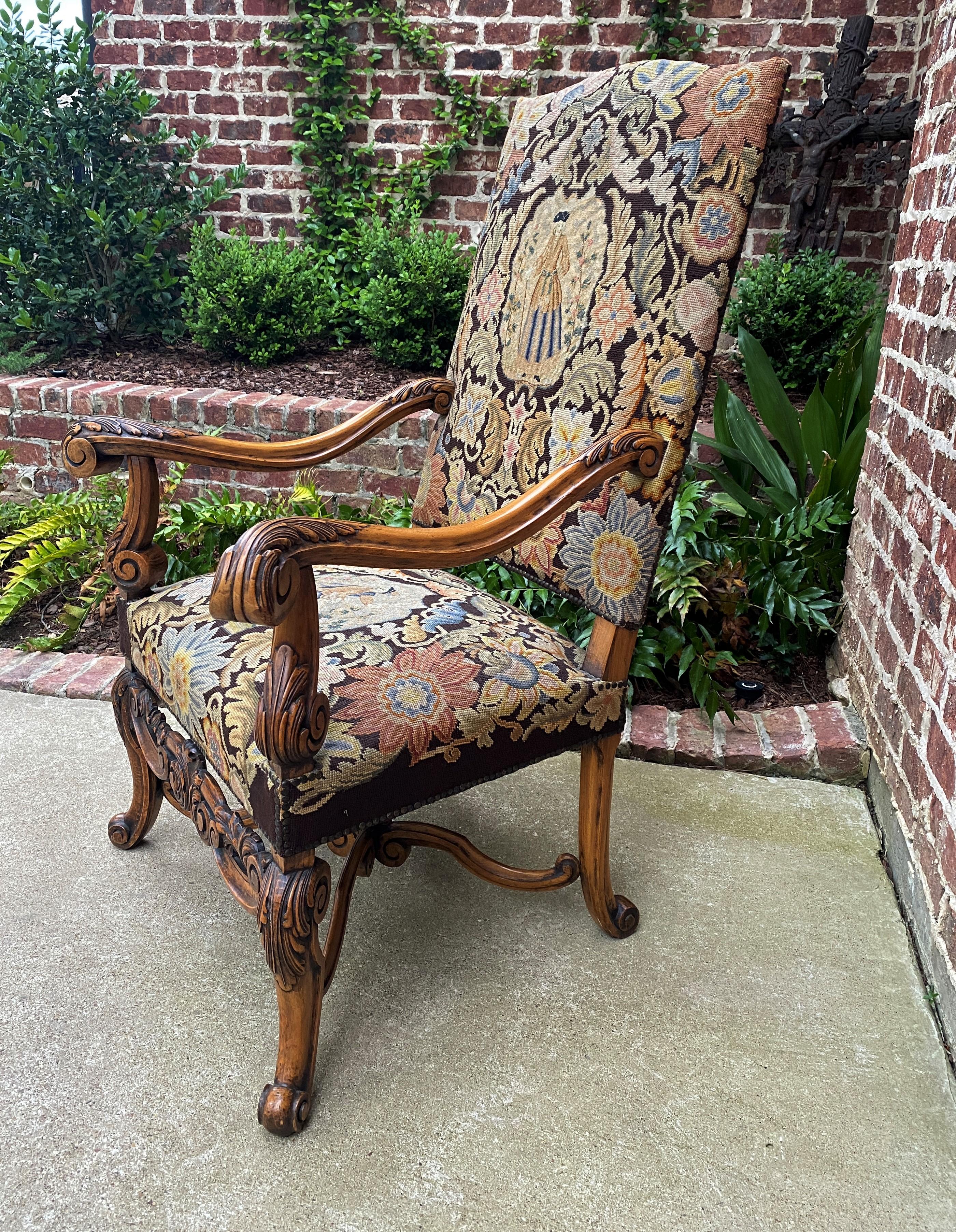 Antique French Chair Tapestry Needlepoint Floral Carved Walnut Fireside Throne 4