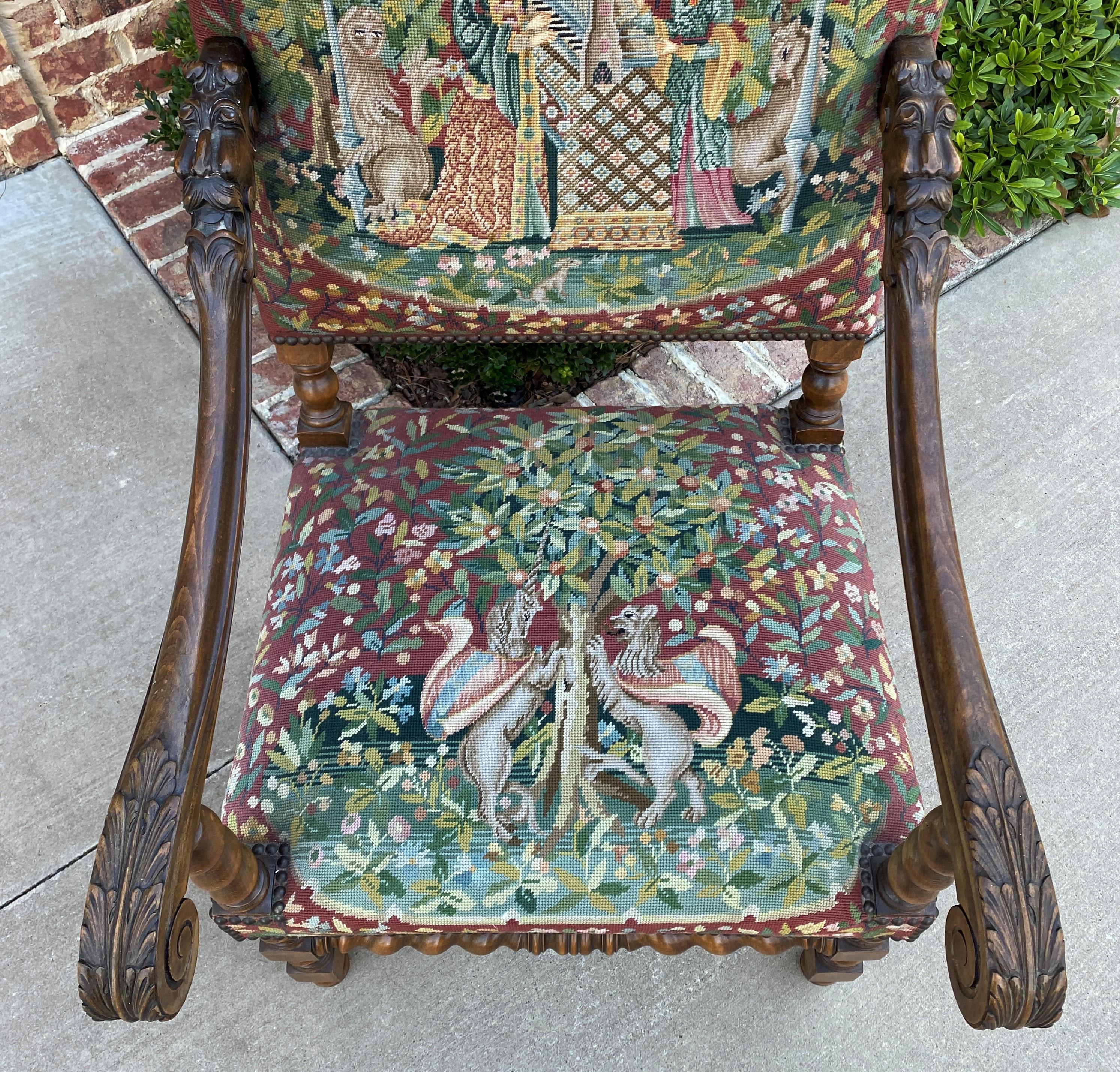 Antique French Chair Tapestry Needlepoint Walnut Fireside Throne Barley Twist 5