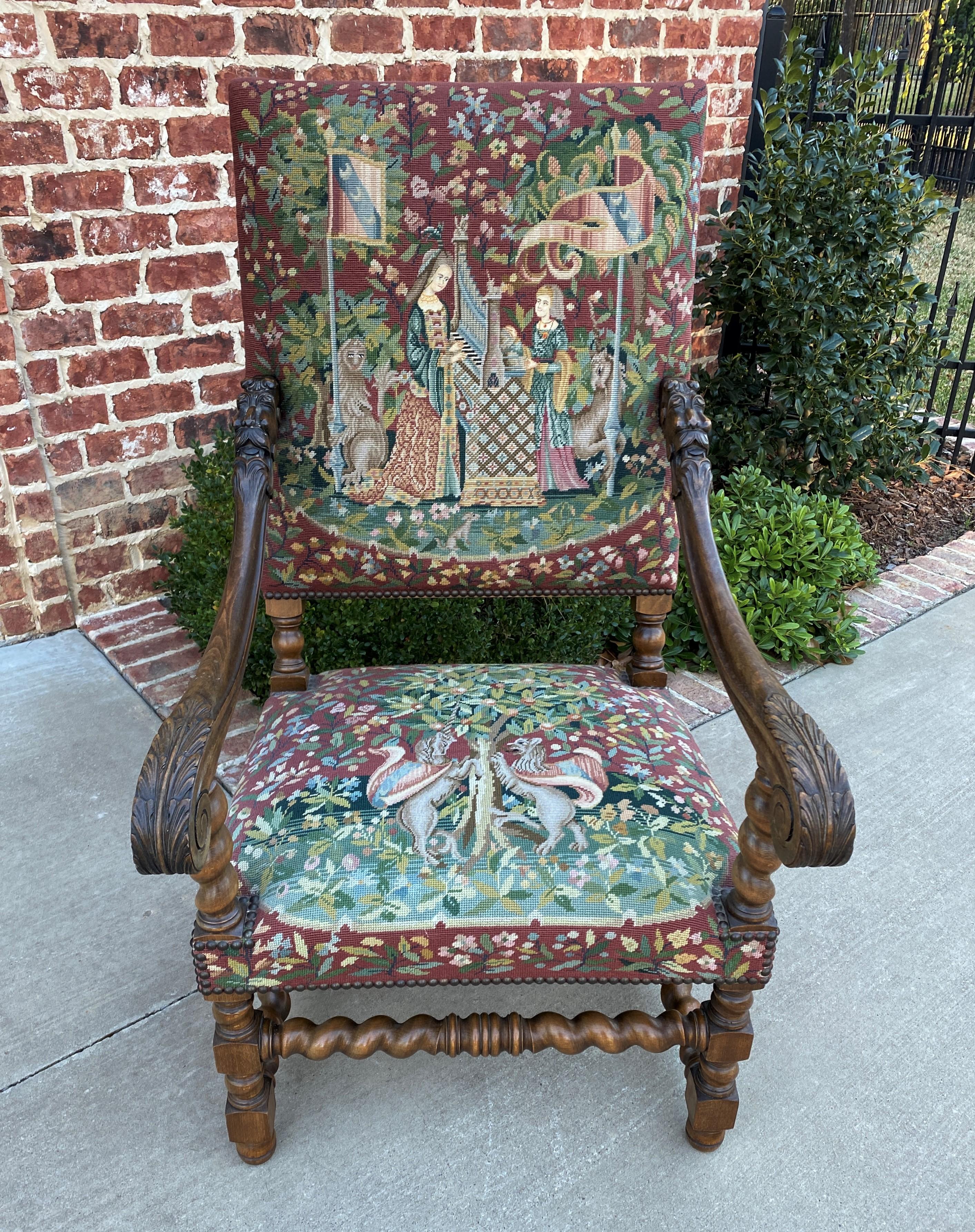 Antique French Chair Tapestry Needlepoint Walnut Fireside Throne Barley Twist 7