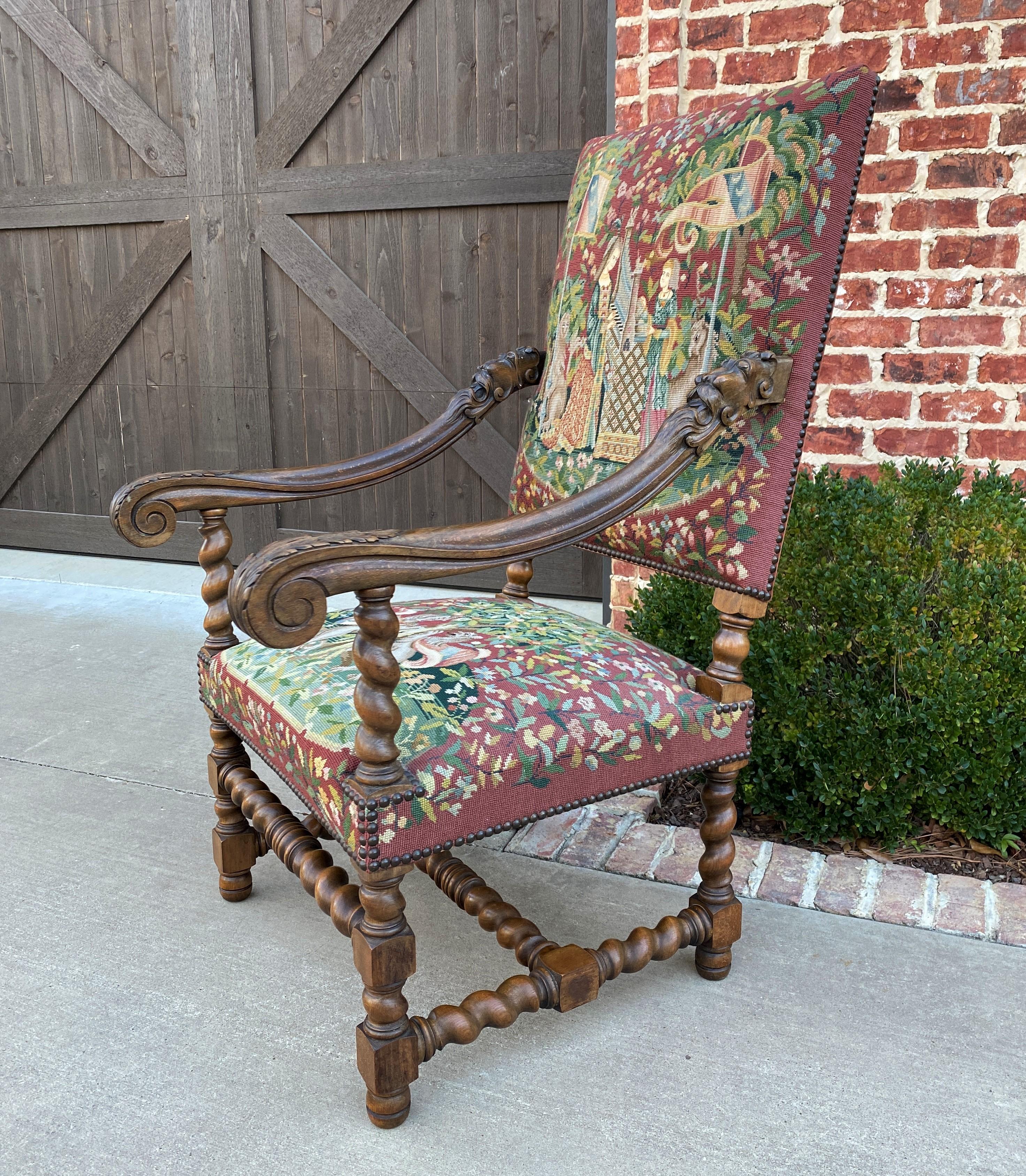 Antique French Chair Tapestry Needlepoint Walnut Fireside Throne Barley Twist 9