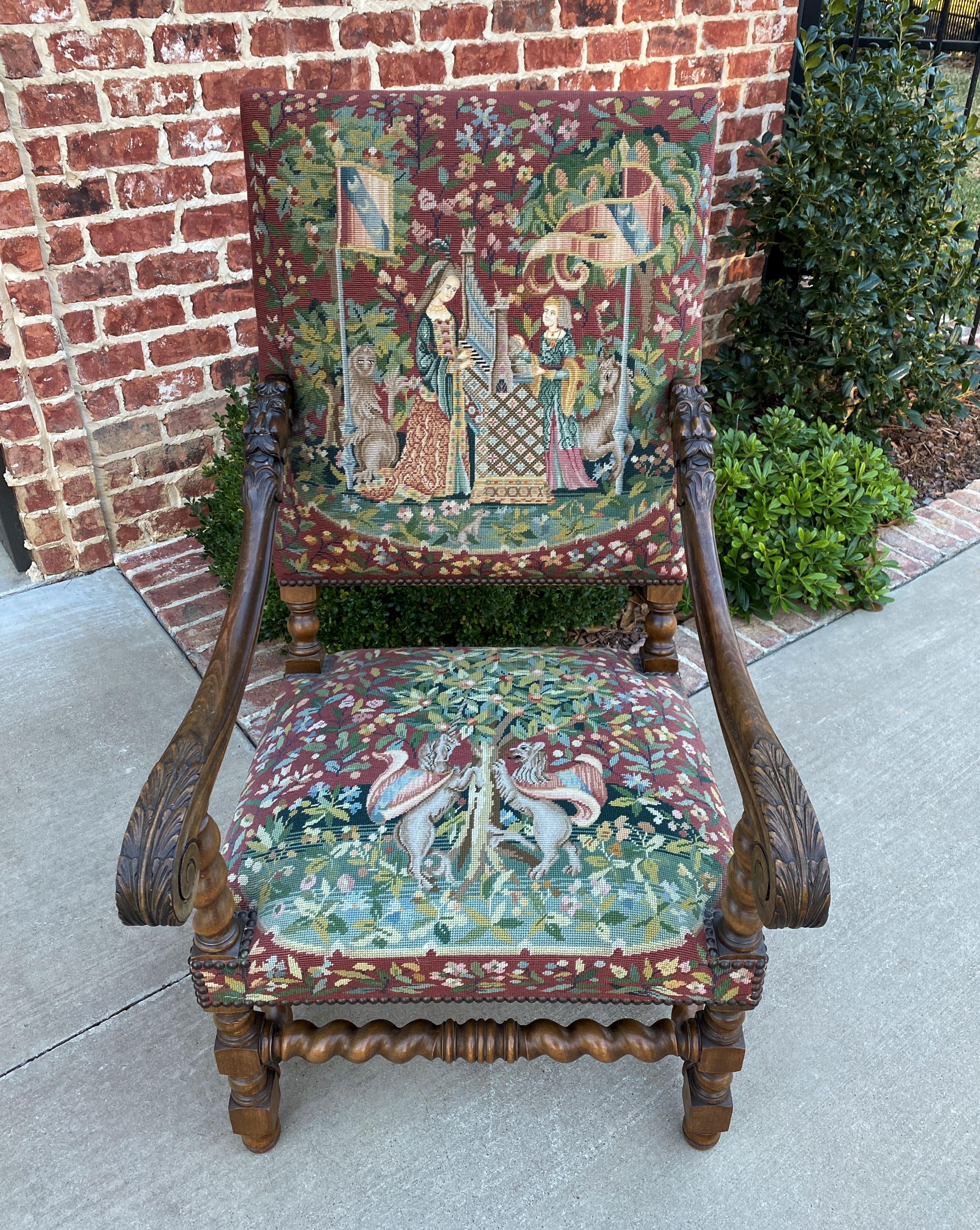 Antique French Chair Tapestry Needlepoint Walnut Fireside Throne Barley Twist 10