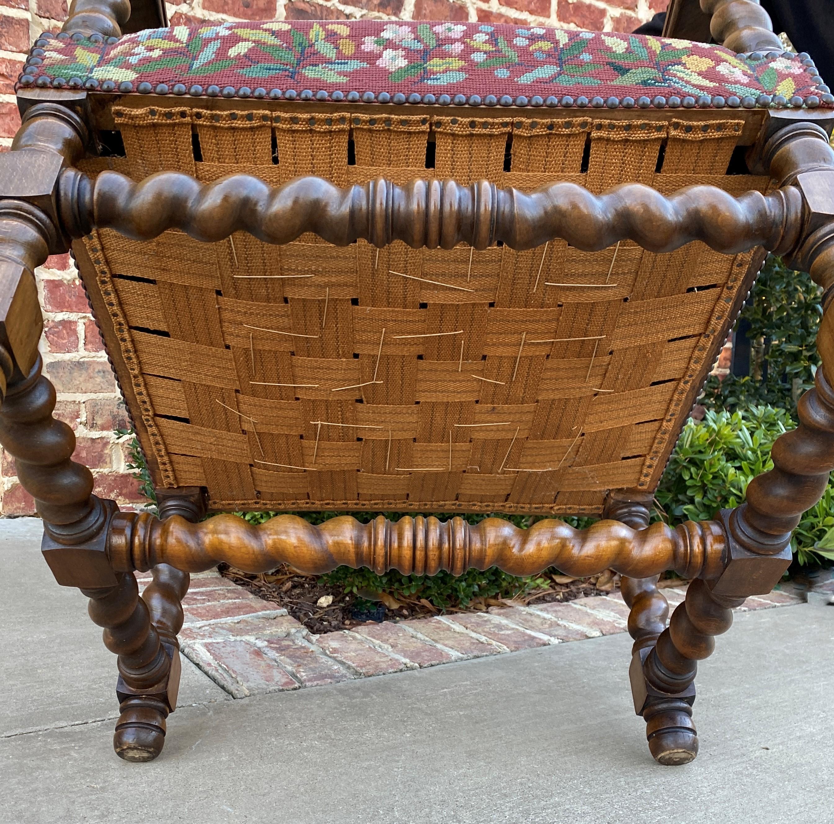 Antique French Chair Tapestry Needlepoint Walnut Fireside Throne Barley Twist 12