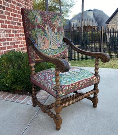 Antique French Chair Tapestry Needlepoint Walnut Fireside Throne Barley Twist