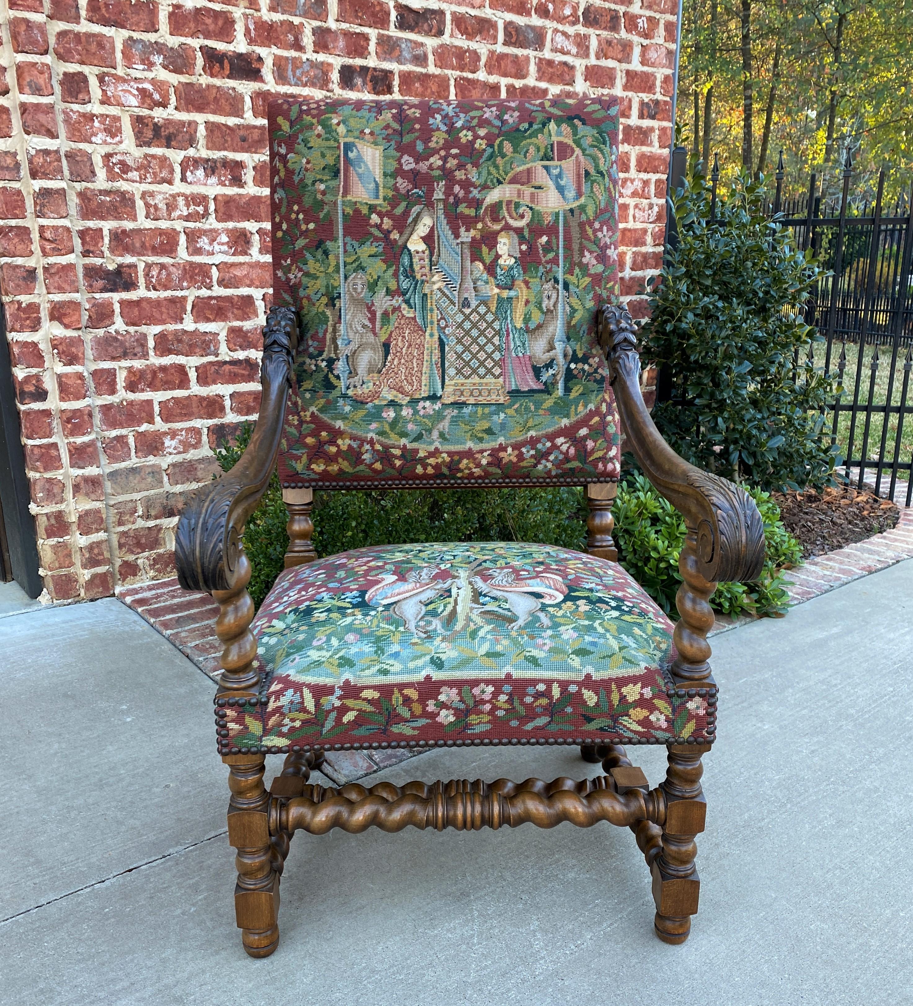 Renaissance Revival Antique French Chair Tapestry Needlepoint Walnut Fireside Throne Barley Twist