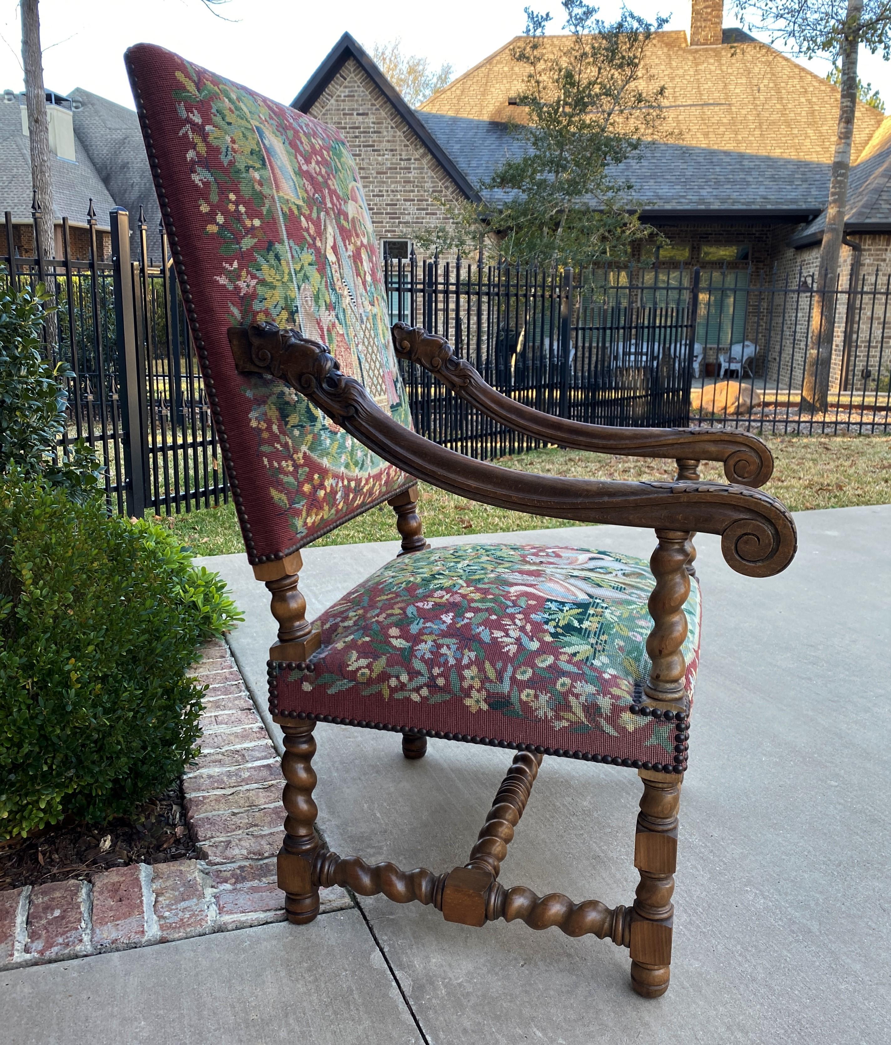 Antique French Chair Tapestry Needlepoint Walnut Fireside Throne Barley Twist In Good Condition In Tyler, TX