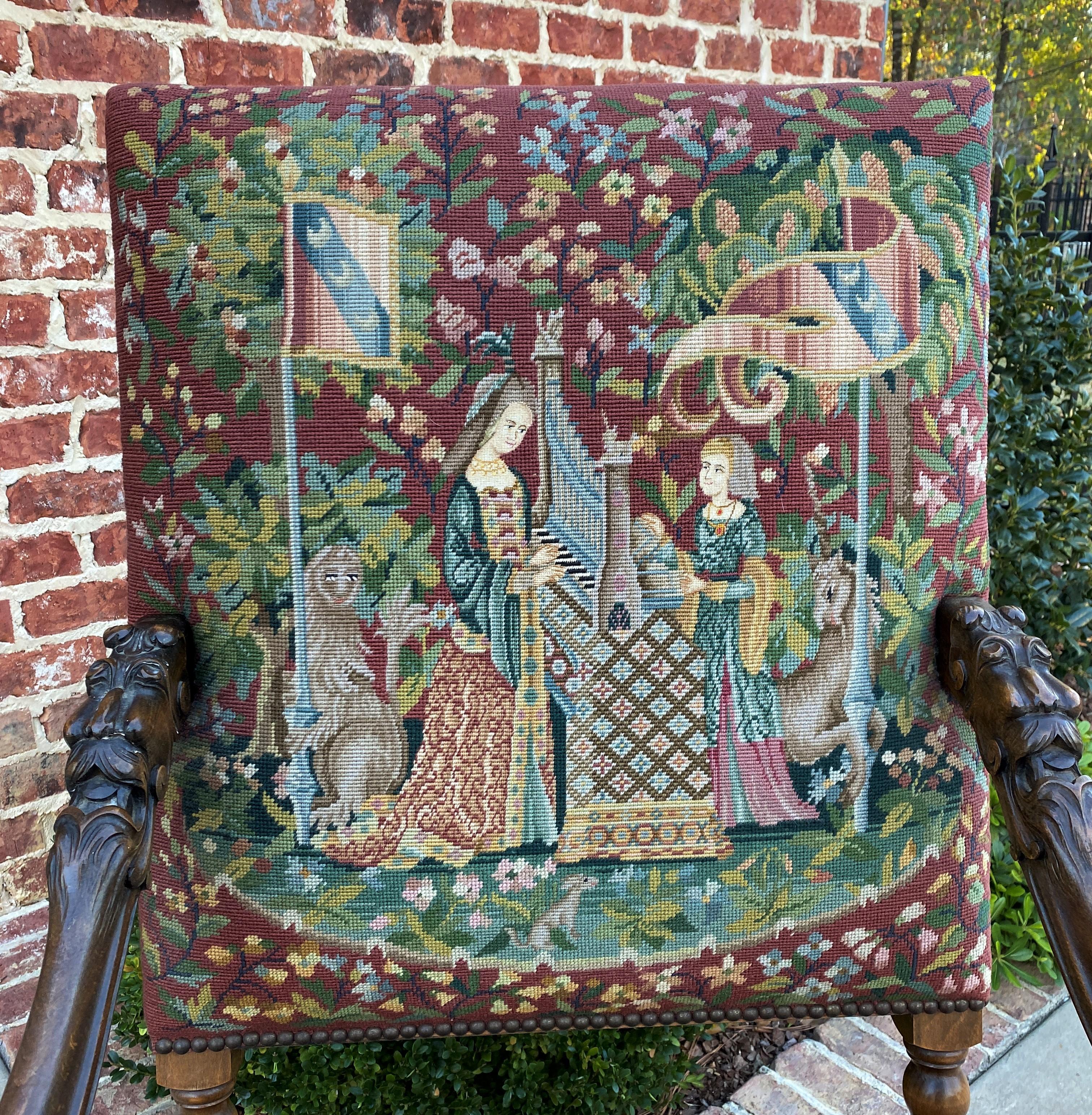 19th Century Antique French Chair Tapestry Needlepoint Walnut Fireside Throne Barley Twist