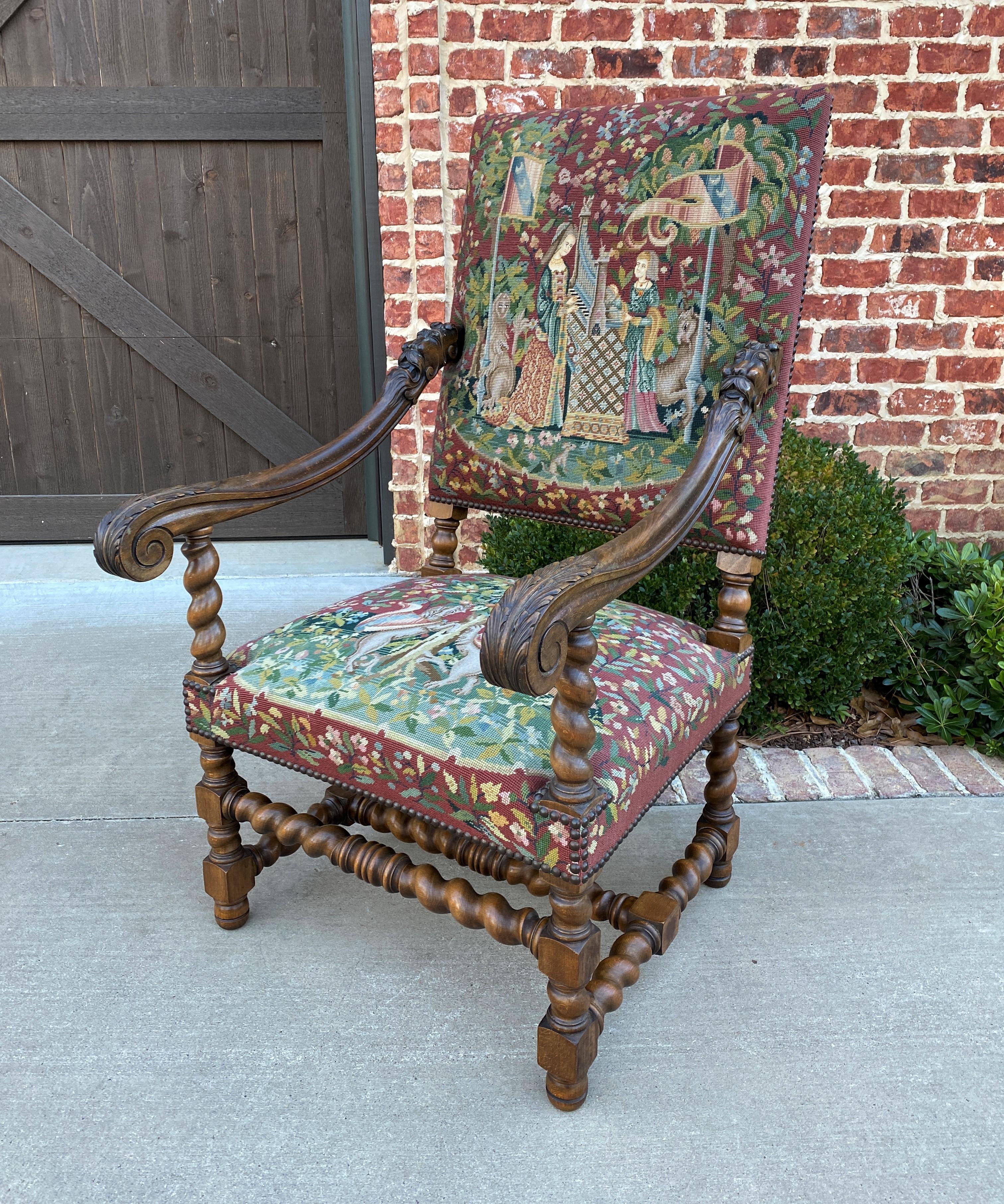 Antique French Chair Tapestry Needlepoint Walnut Fireside Throne Barley Twist 1