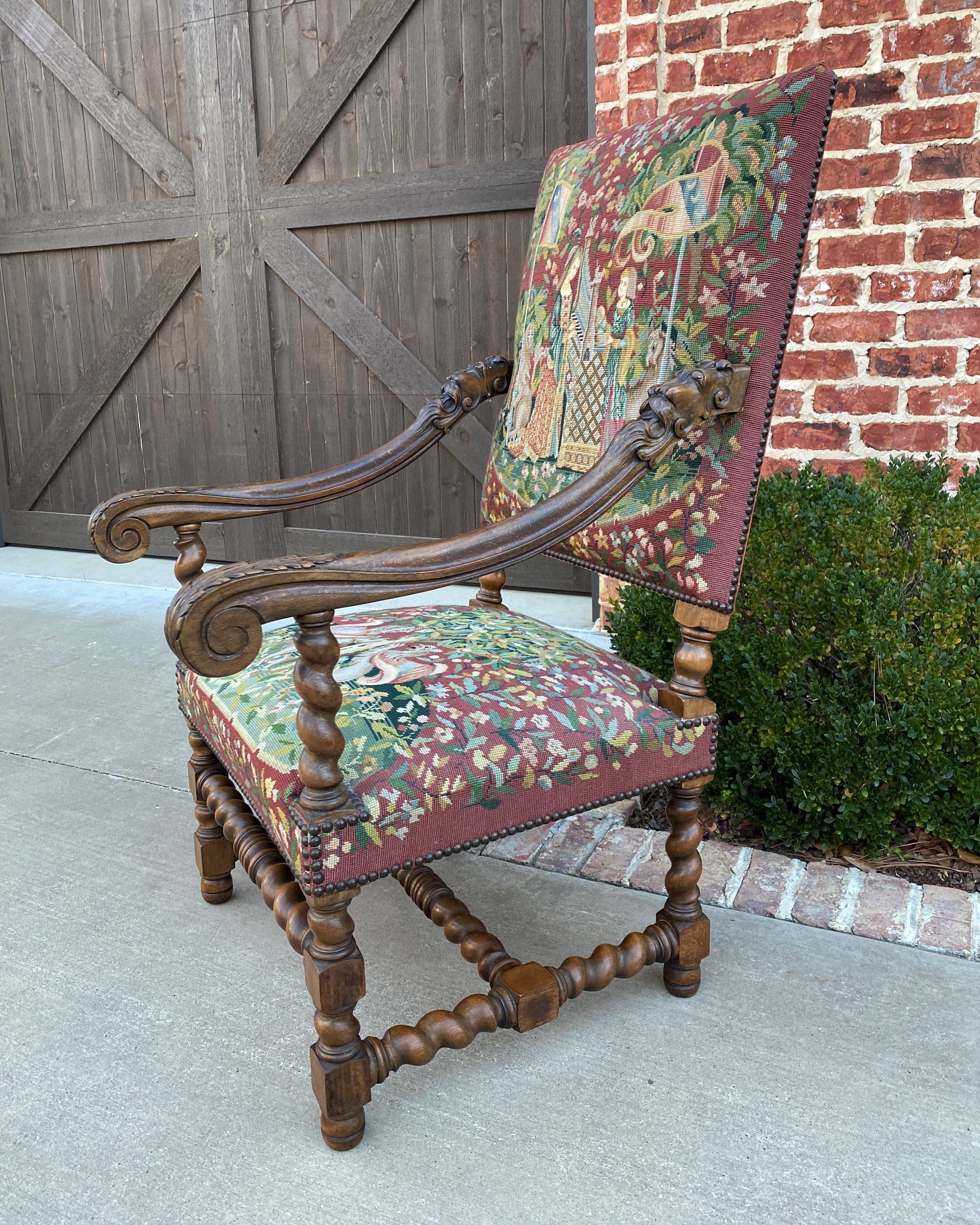 Antique French Chair Tapestry Needlepoint Walnut Fireside Throne Barley Twist 2