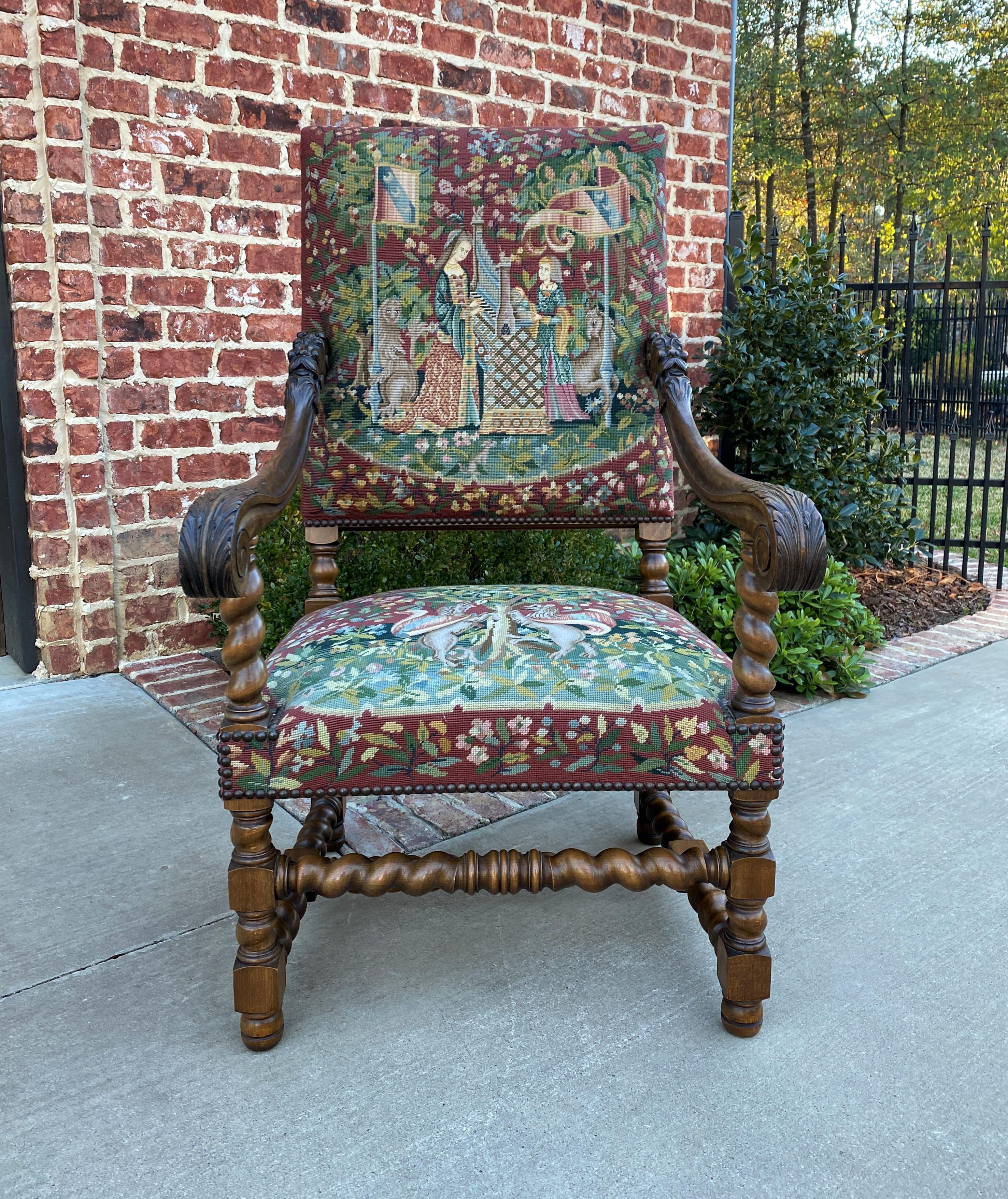 Antique French Chair Tapestry Needlepoint Walnut Fireside Throne Barley Twist 3