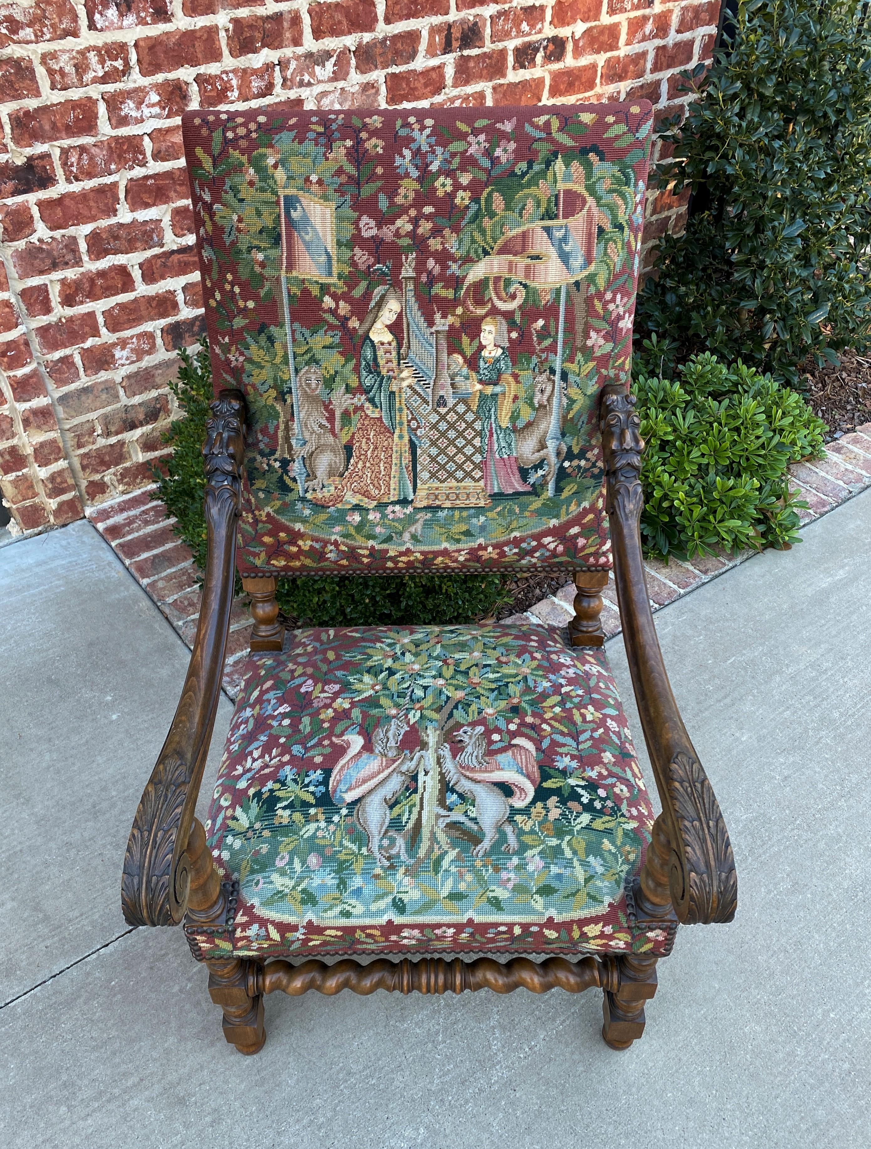 Antique French Chair Tapestry Needlepoint Walnut Fireside Throne Barley Twist 4