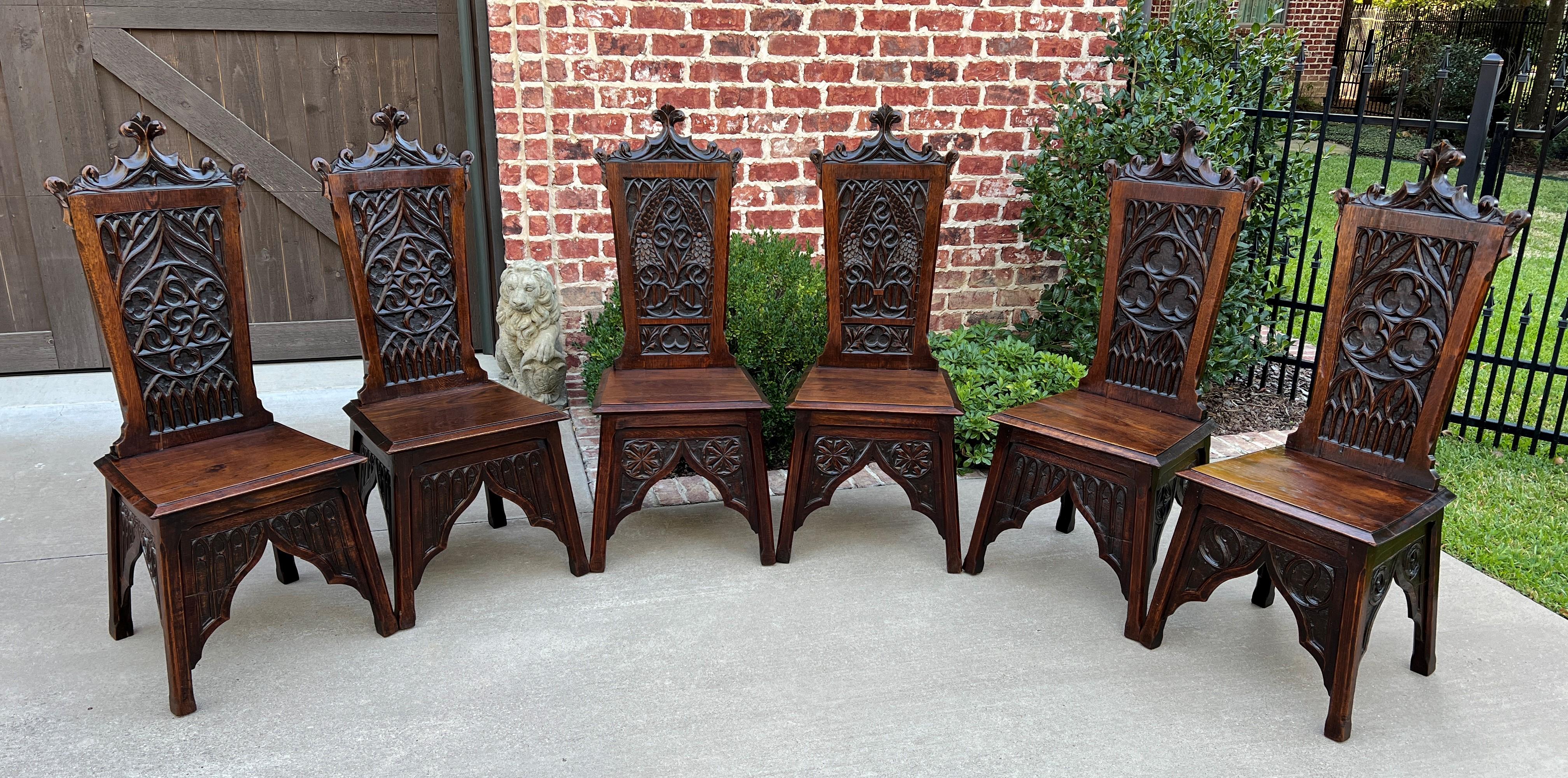 Antique French Chairs Set of 6 Gothic Revival Oak Pegged Dining Side Chairs 19C 8