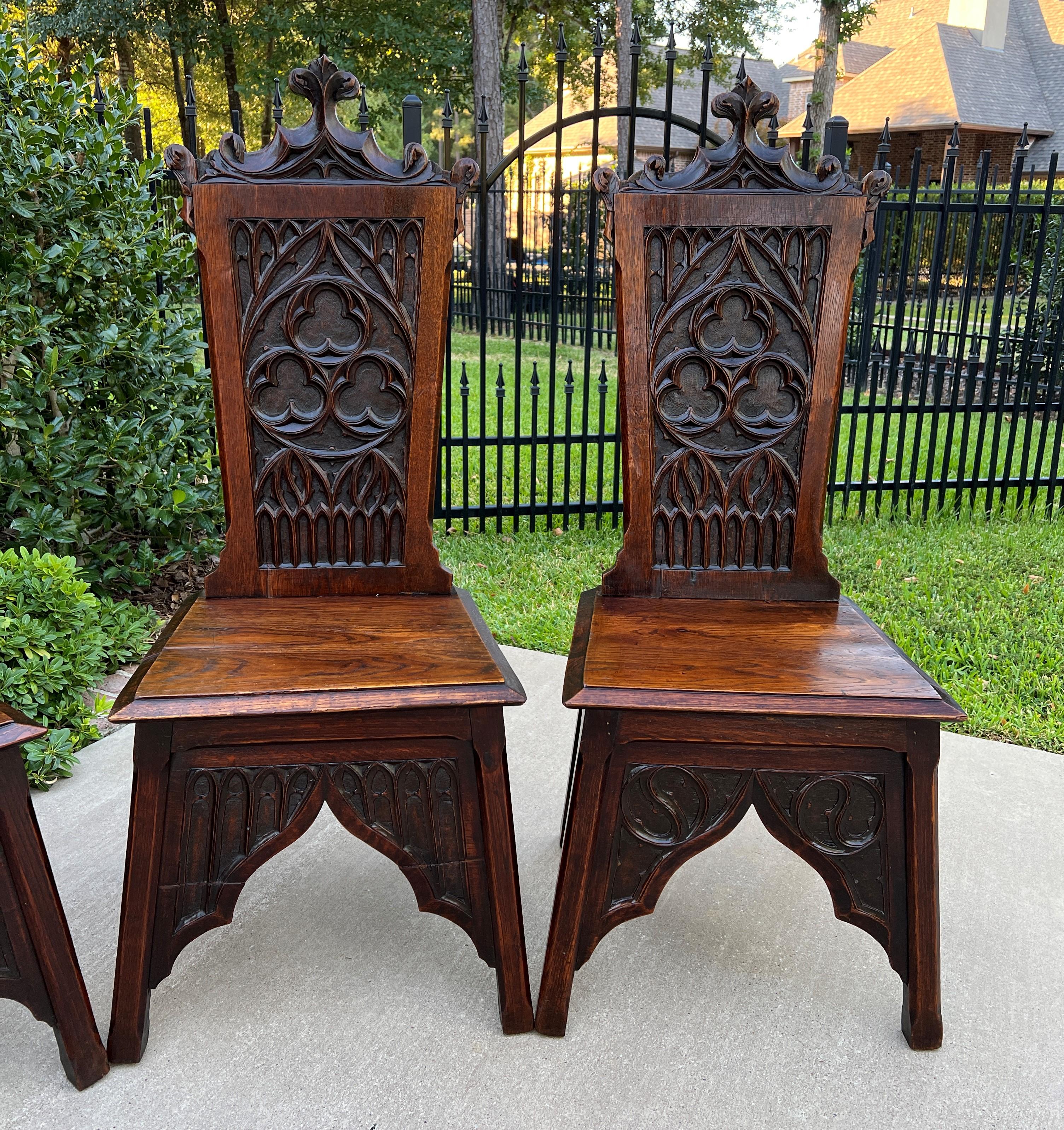 Carved Antique French Chairs Set of 6 Gothic Revival Oak Pegged Dining Side Chairs 19C