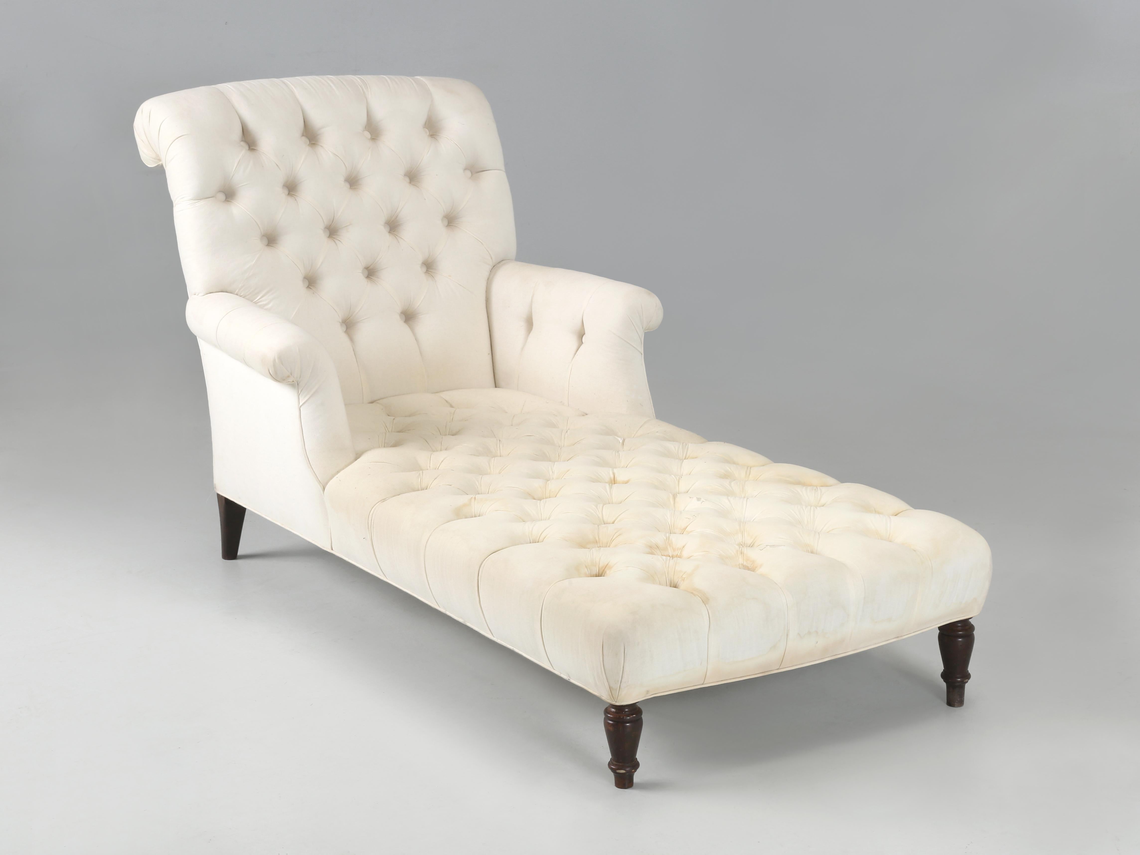 Antique French Chaise Lounge that might be perfect in a bedroom setting. The upholstery was recently restored and just covered in muslin waiting for the previous owner to decide on a fabric, but all the hard work has already been completed. We're