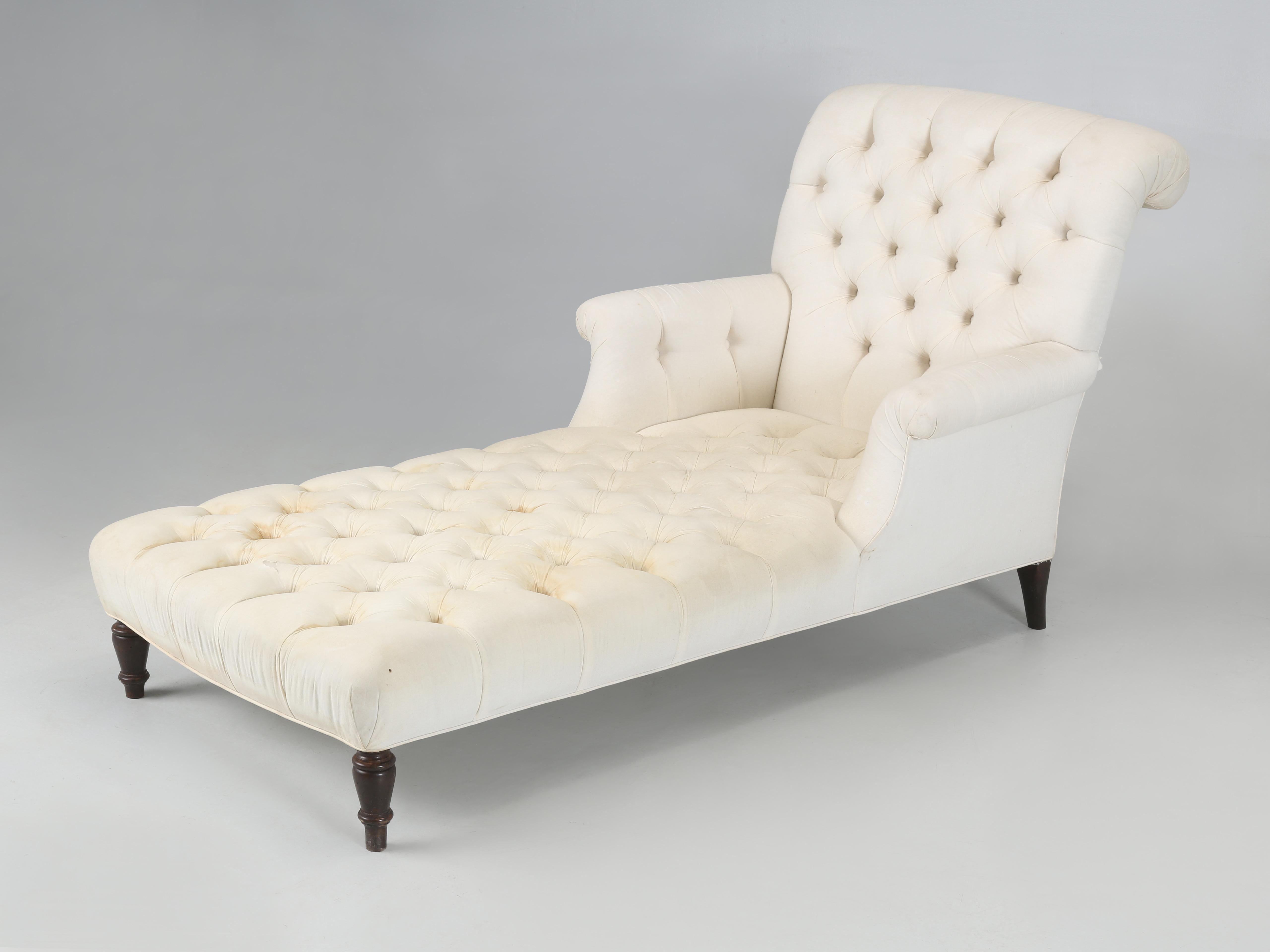 European Antique French Chaise Tufted Upholstery Currently in Muslin Ready for Upholstery For Sale