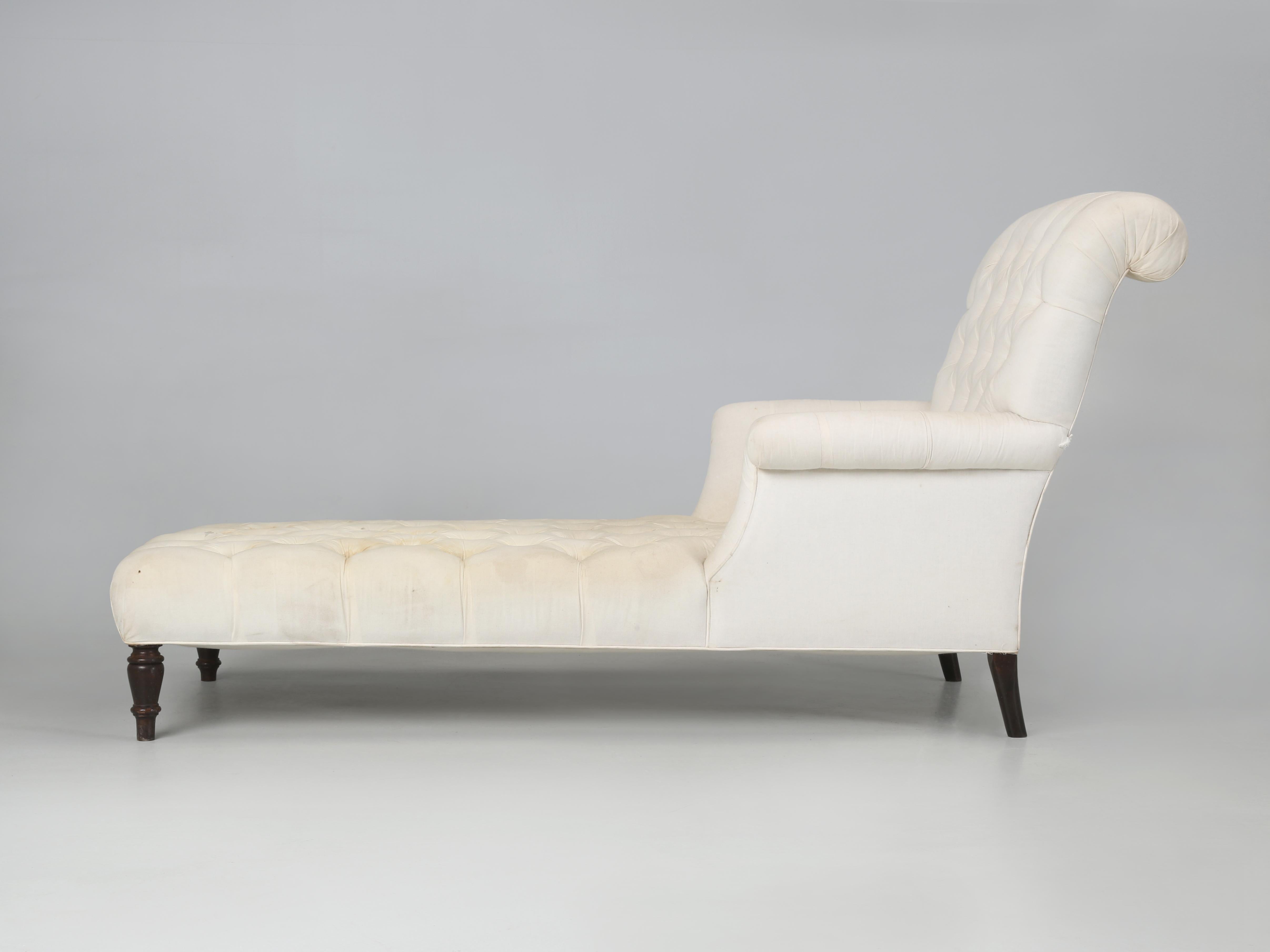 Hand-Crafted Antique French Chaise Tufted Upholstery Currently in Muslin Ready for Upholstery For Sale