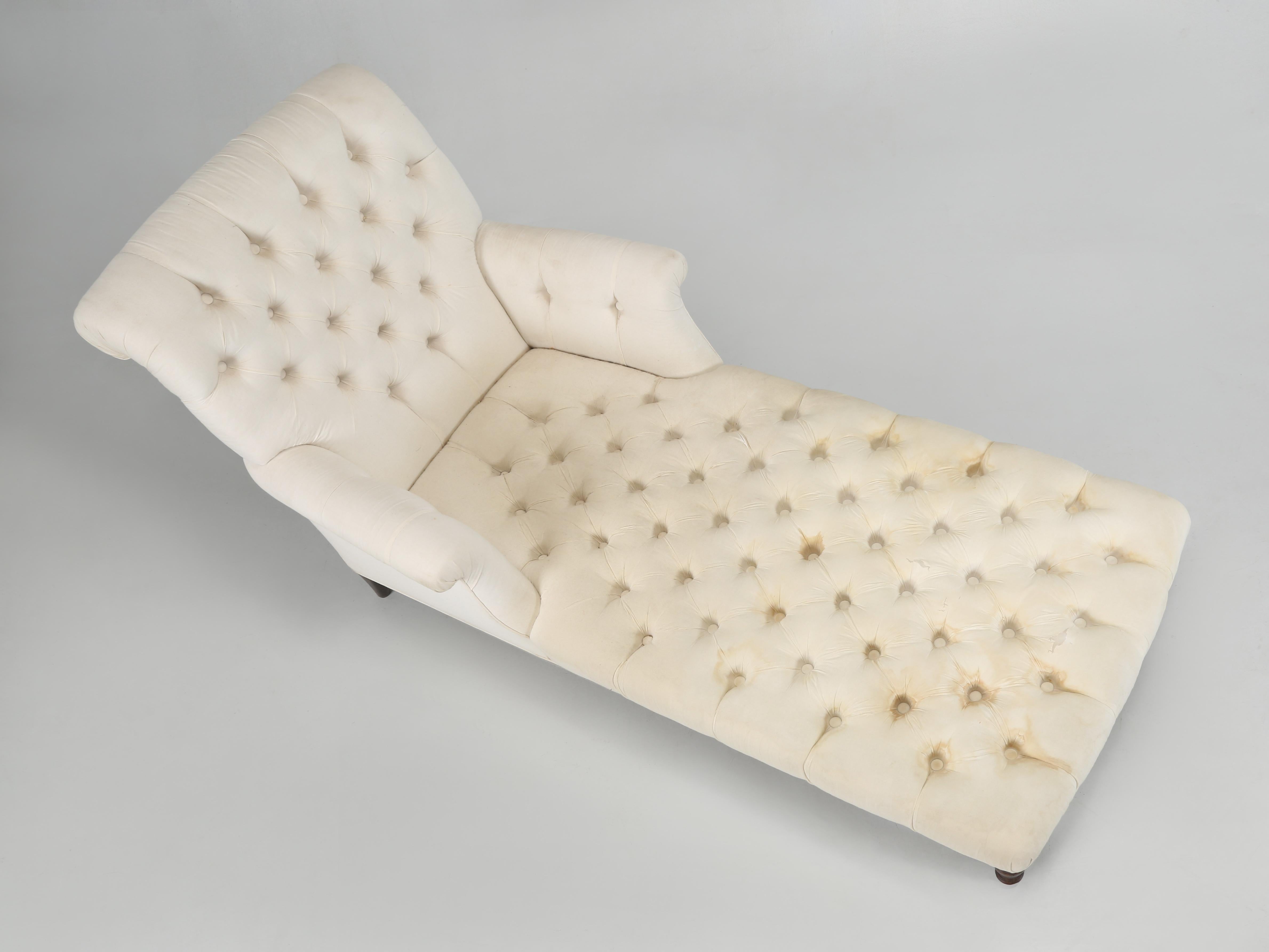 Antique French Chaise Tufted Upholstery Currently in Muslin Ready for Upholstery For Sale 1