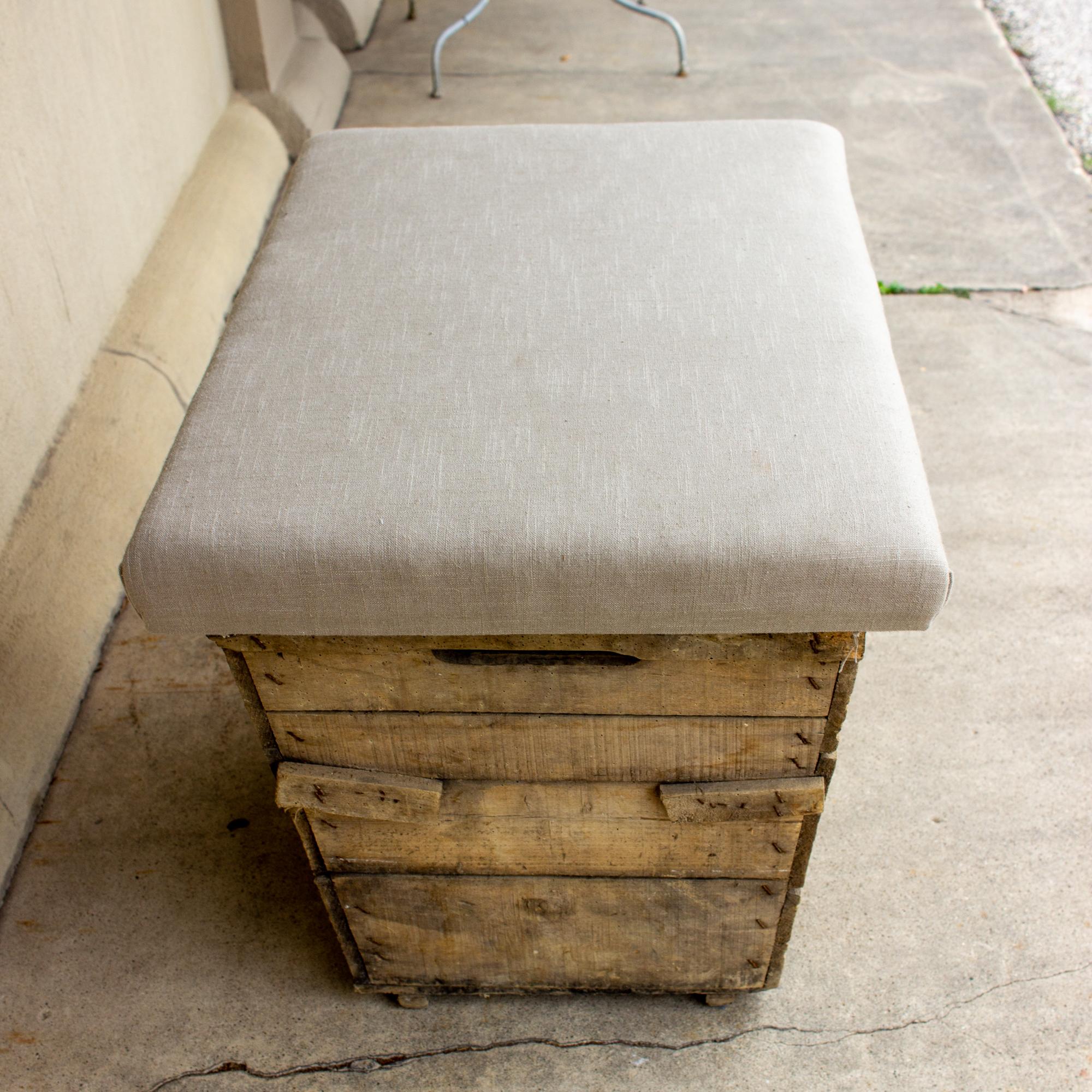 Antique French Champagne Harvest Ottoman with Upholstered Linen Top in Beige 4