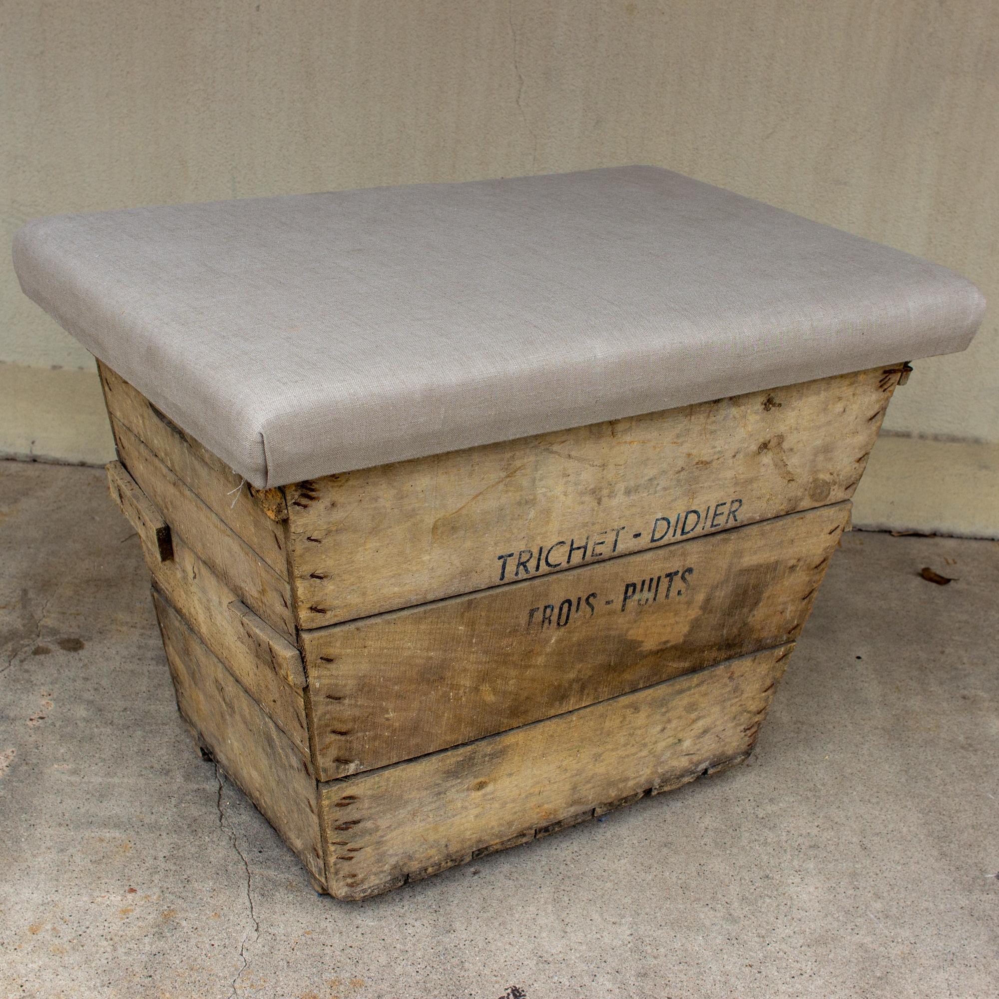 Antique French Champagne Harvest Ottoman with Upholstered Linen Top in Beige 5