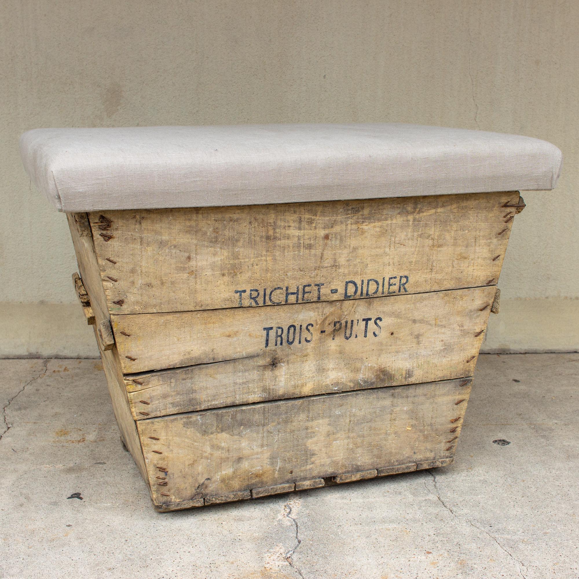 Antique French Champagne Harvest Ottoman with Upholstered Linen Top in Beige In Fair Condition In Houston, TX