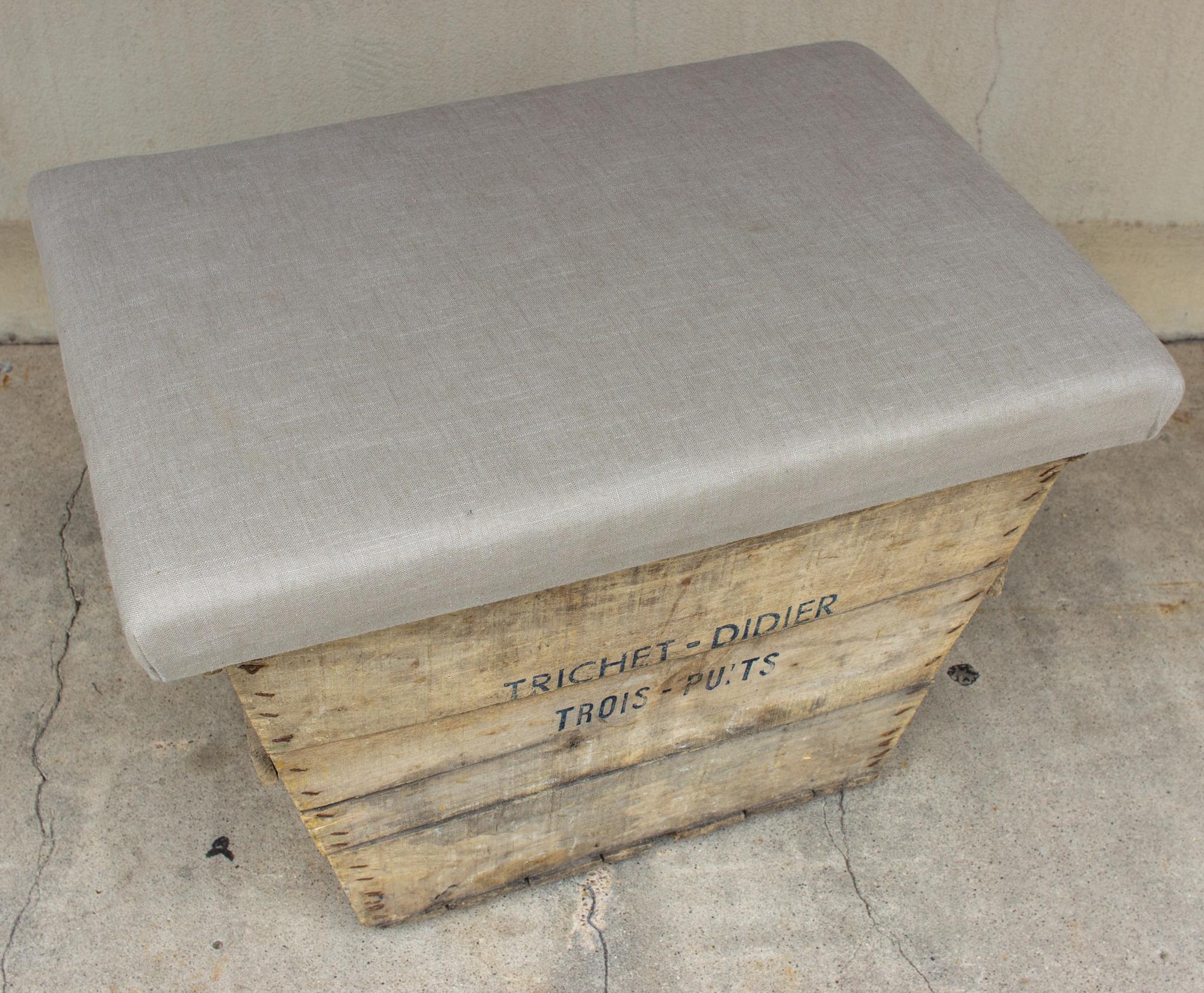 20th Century Antique French Champagne Harvest Ottoman with Upholstered Linen Top in Beige