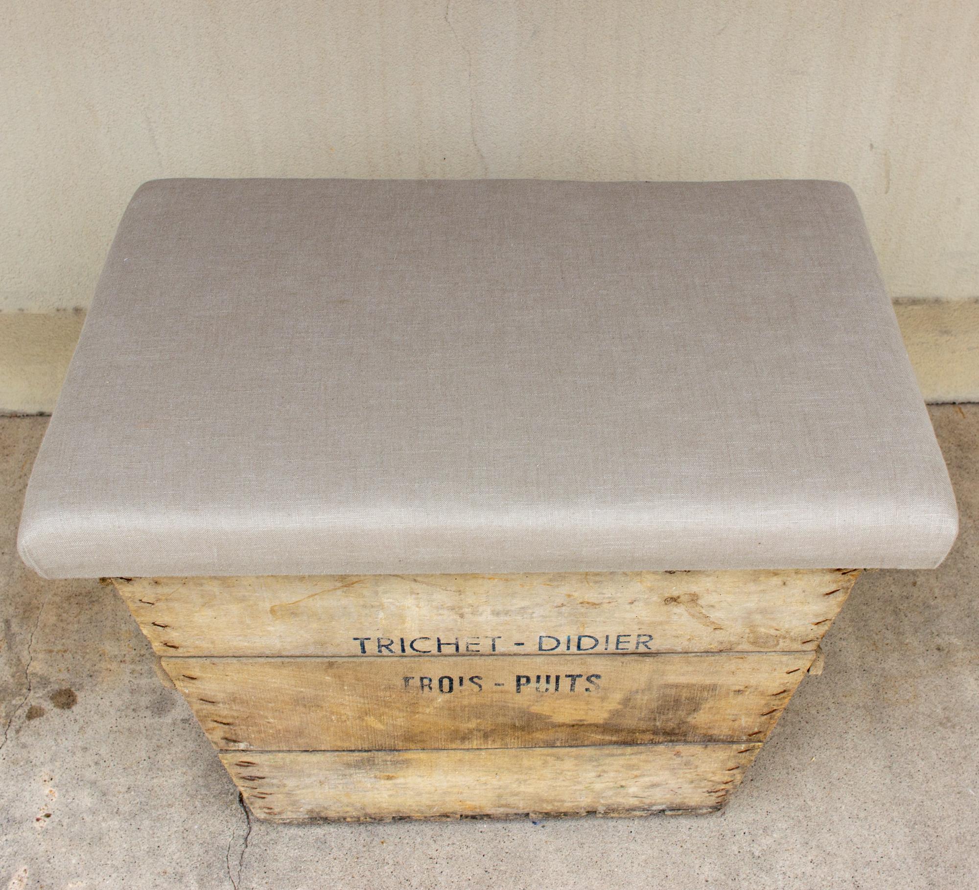 Antique French Champagne Harvest Ottoman with Upholstered Linen Top in Beige 3