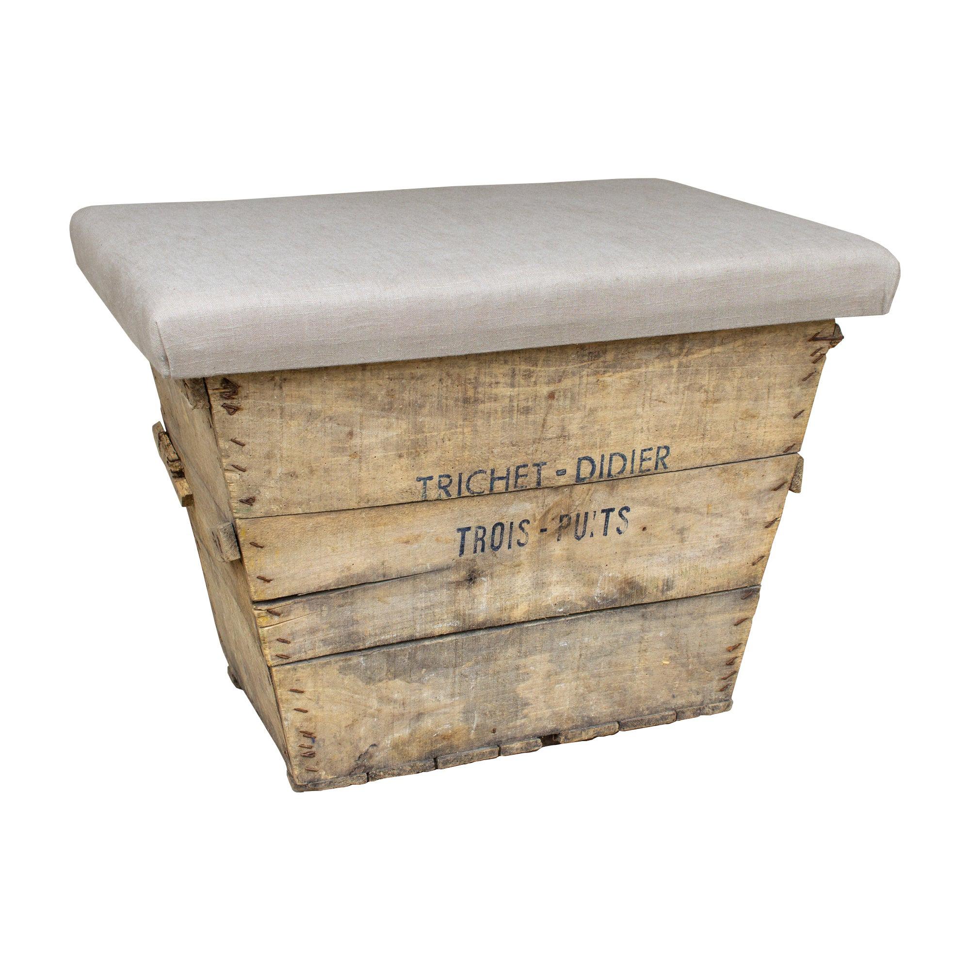 Antique French Champagne Harvest Ottoman with Upholstered Linen Top in Beige